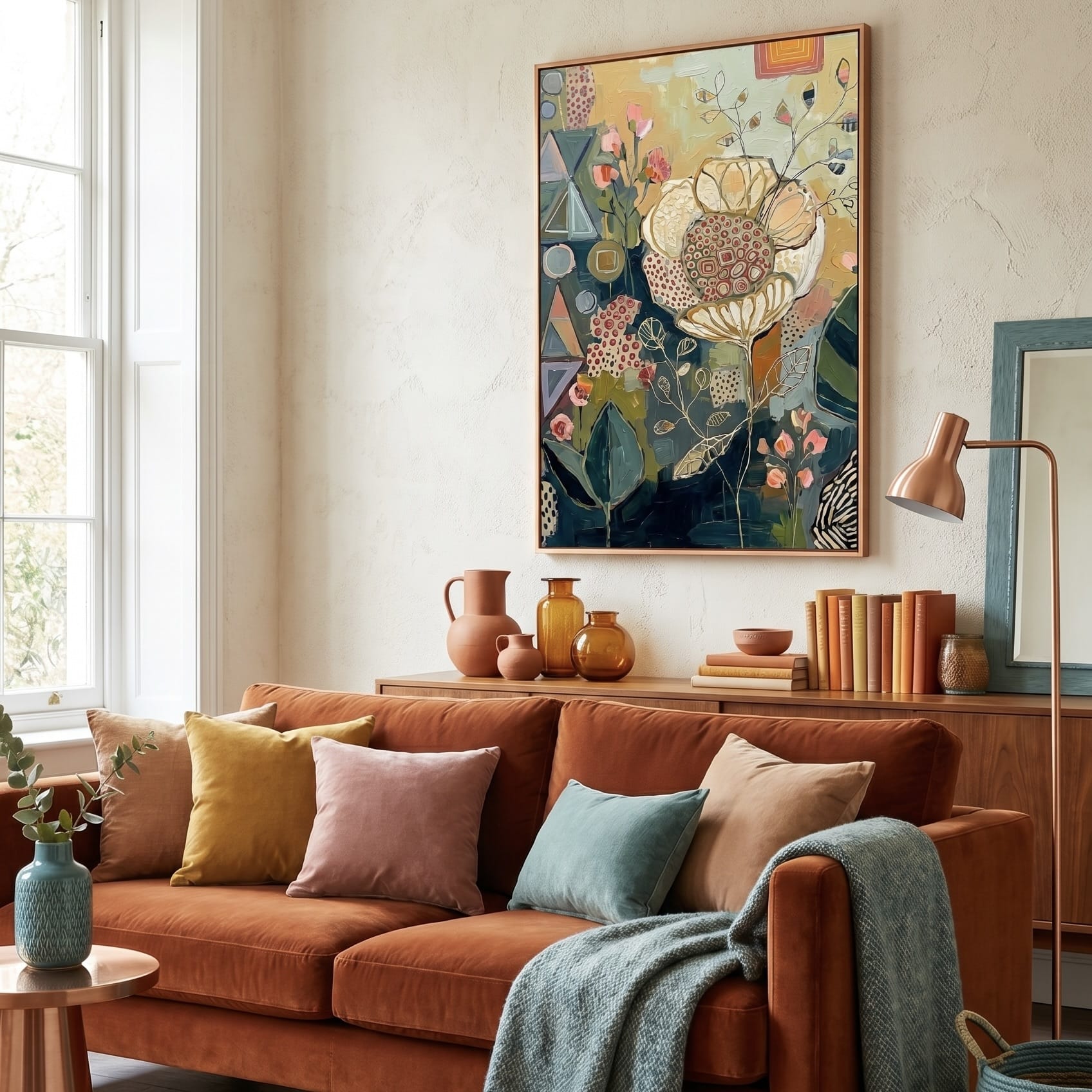 Geometric Leaf Canvas Print: Navy and Coral Colors
