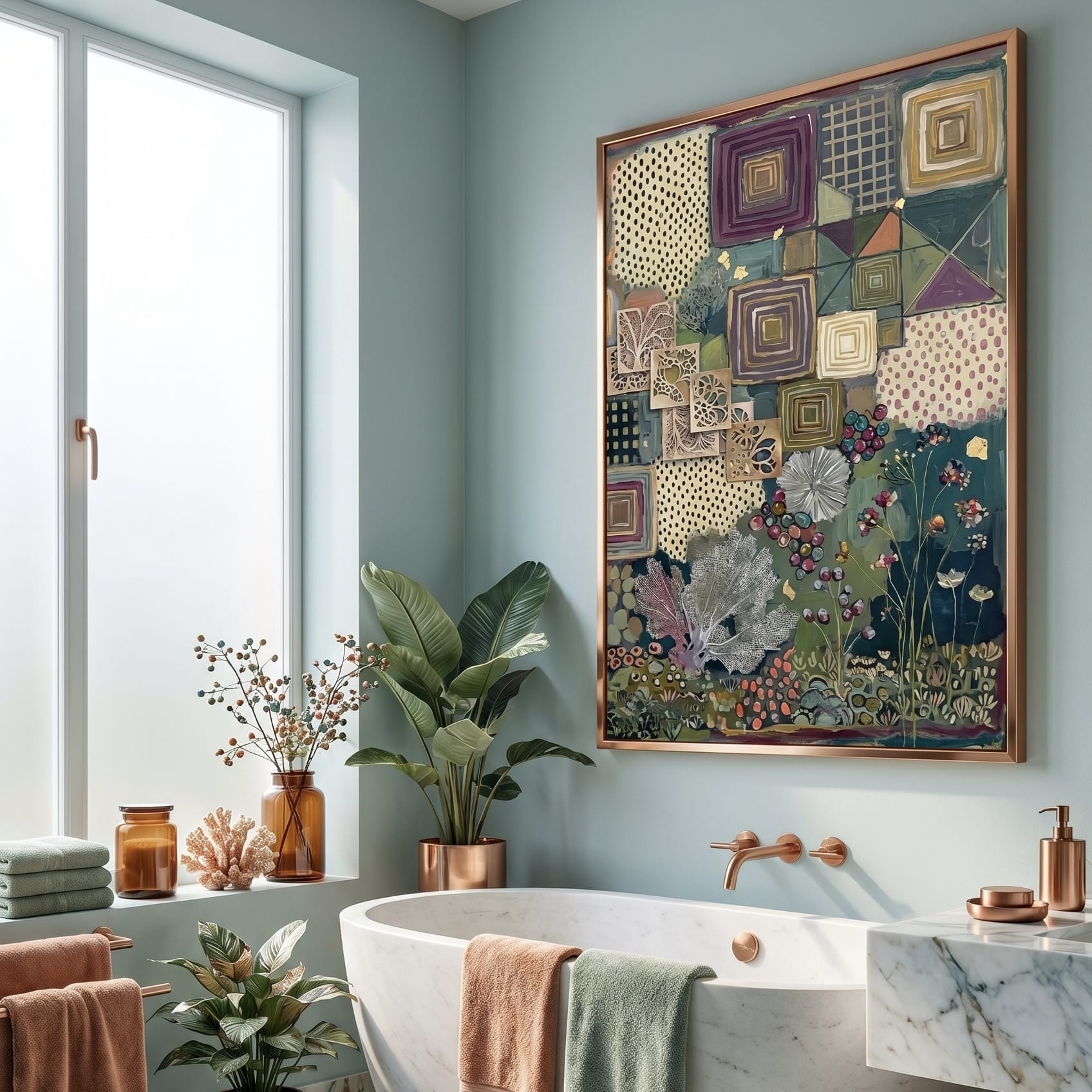 Bohemian Wall Art: Rich Plum and Gold - Geometric Botanical Artwork