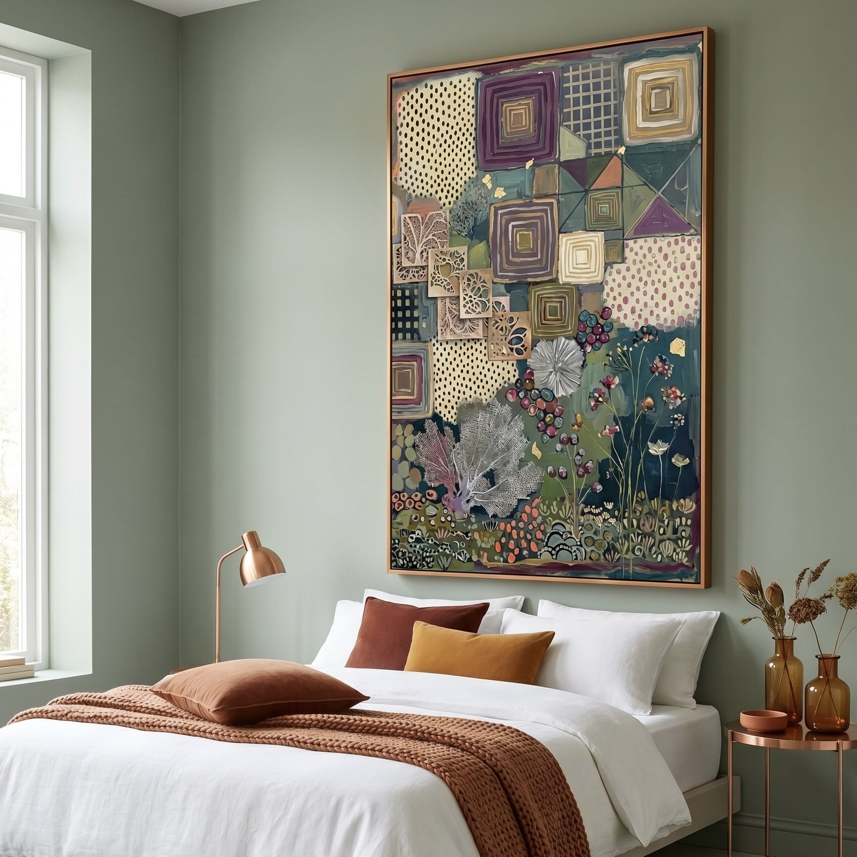Bohemian Wall Art: Rich Plum and Gold - Geometric Botanical Artwork