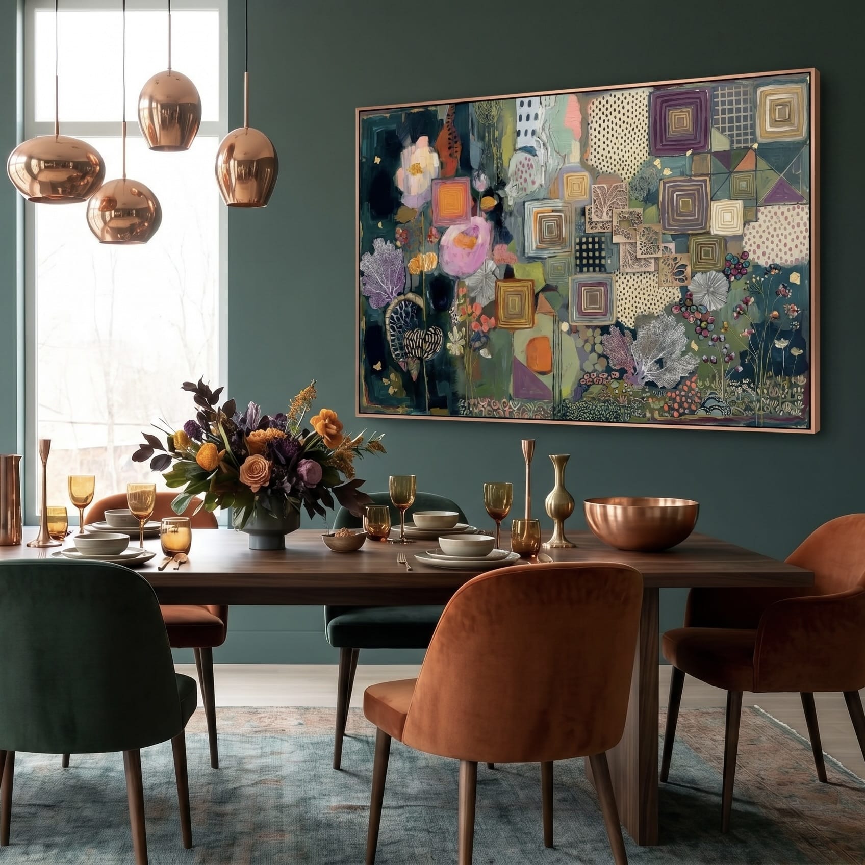 Bohemian Wall Art: Rich Plum and Gold - Geometric Botanical Artwork