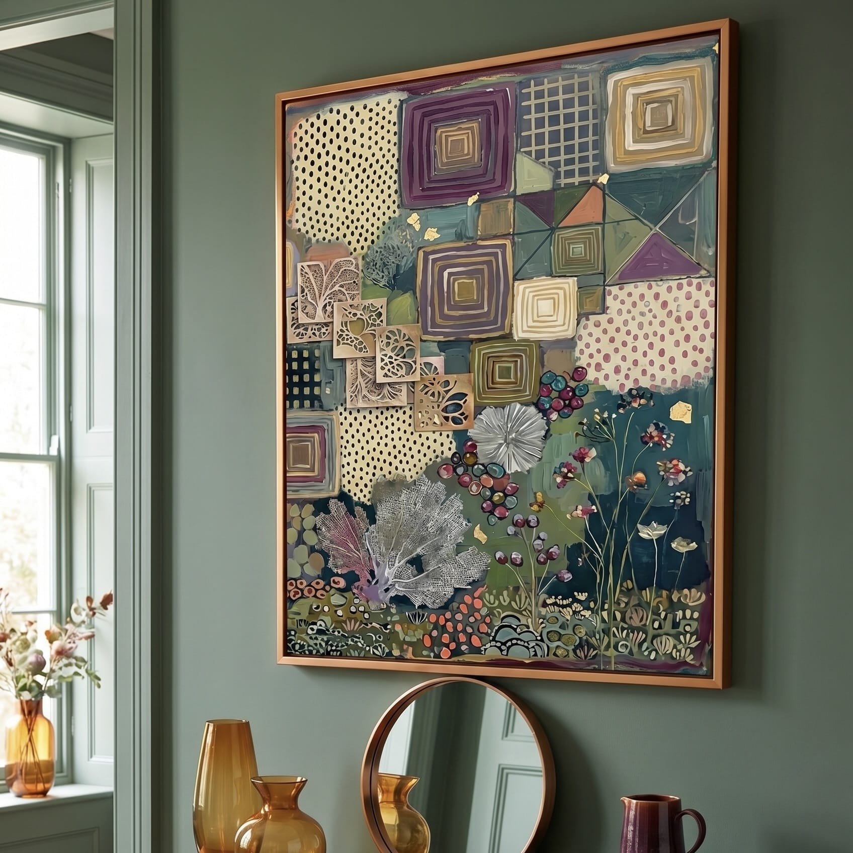 Bohemian Wall Art: Rich Plum and Gold - Geometric Botanical Artwork