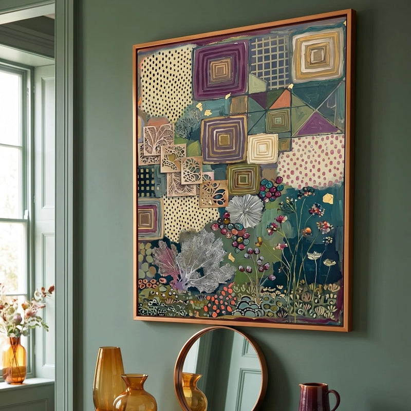 Bohemian Wall Art: Rich Plum and Gold - Geometric Botanical Artwork