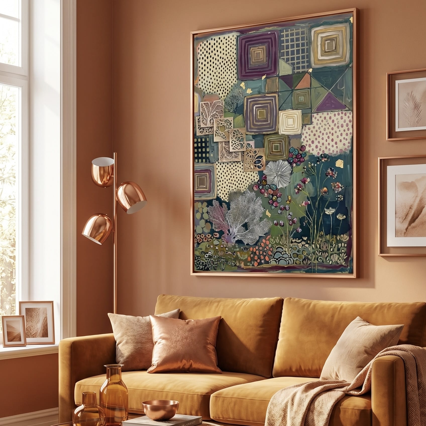 Bohemian Wall Art: Rich Plum and Gold - Geometric Botanical Artwork
