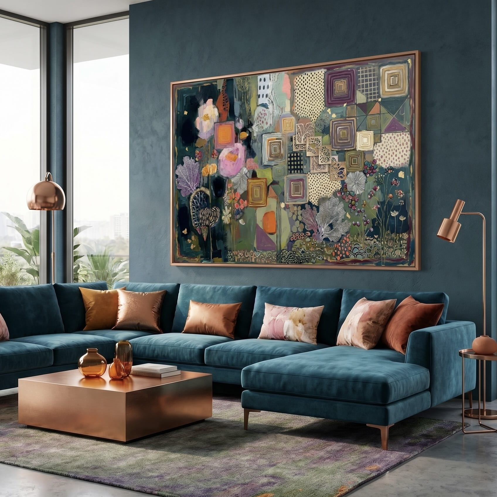 Bohemian Wall Art: Rich Plum and Gold - Geometric Botanical Artwork