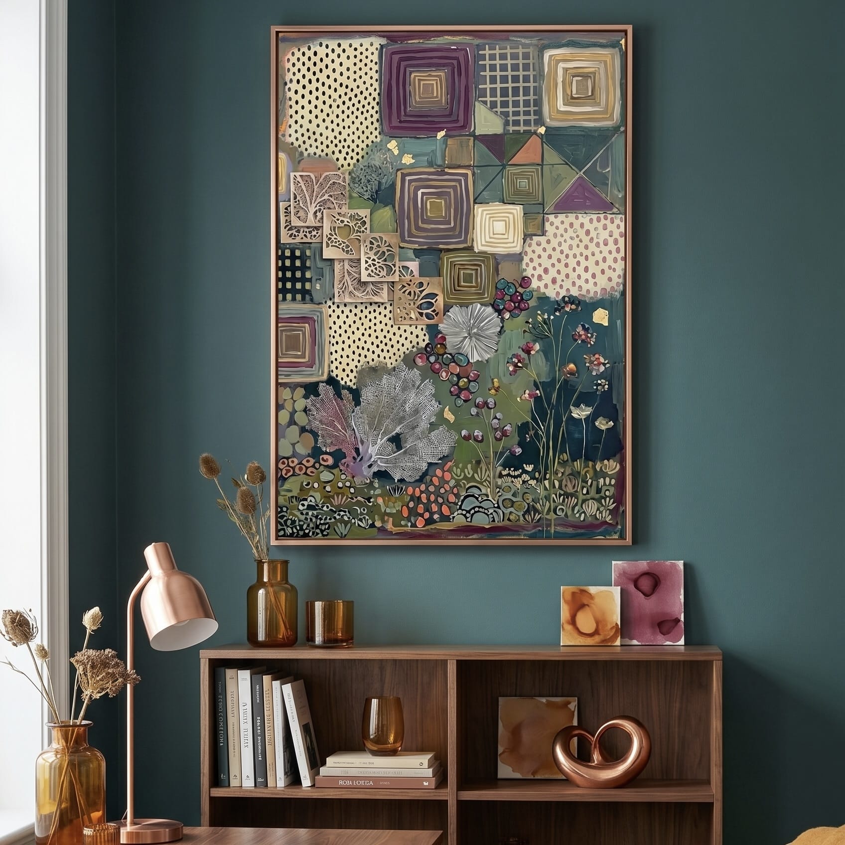 Bohemian Wall Art: Rich Plum and Gold - Geometric Botanical Artwork