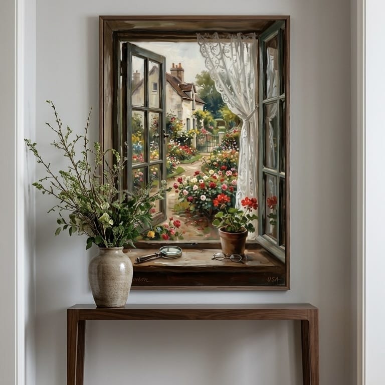Country Wall Art Print: Rustic Window with Mixed Flowers - Cottagecore
