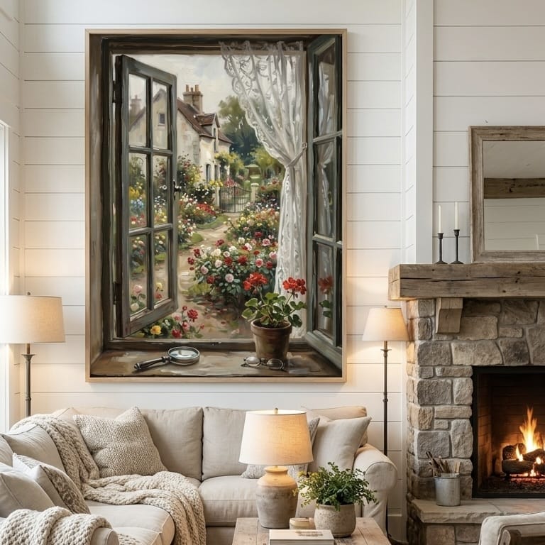 Country Wall Art Print: Rustic Window with Mixed Flowers - Cottagecore
