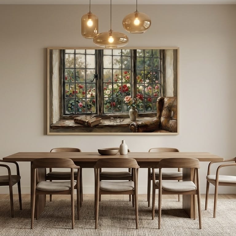 Roses Wall Art: Open Casement Window - Soft Pastel Garden