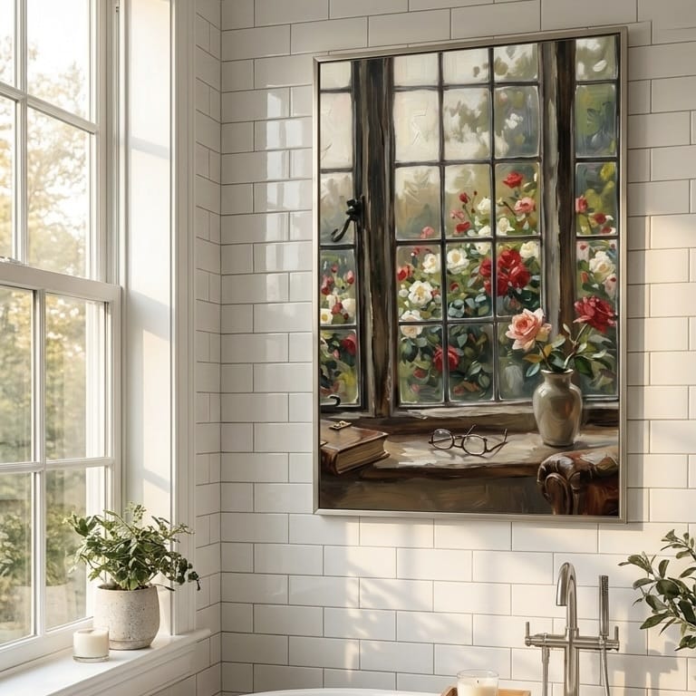 Roses Wall Art: Open Casement Window - Soft Pastel Garden
