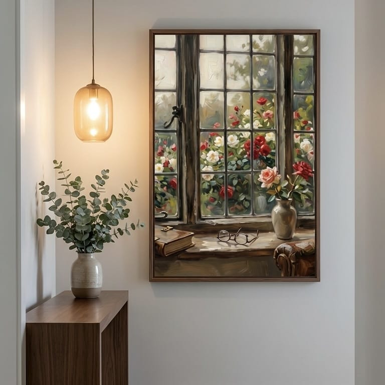 Roses Wall Art: Open Casement Window - Soft Pastel Garden