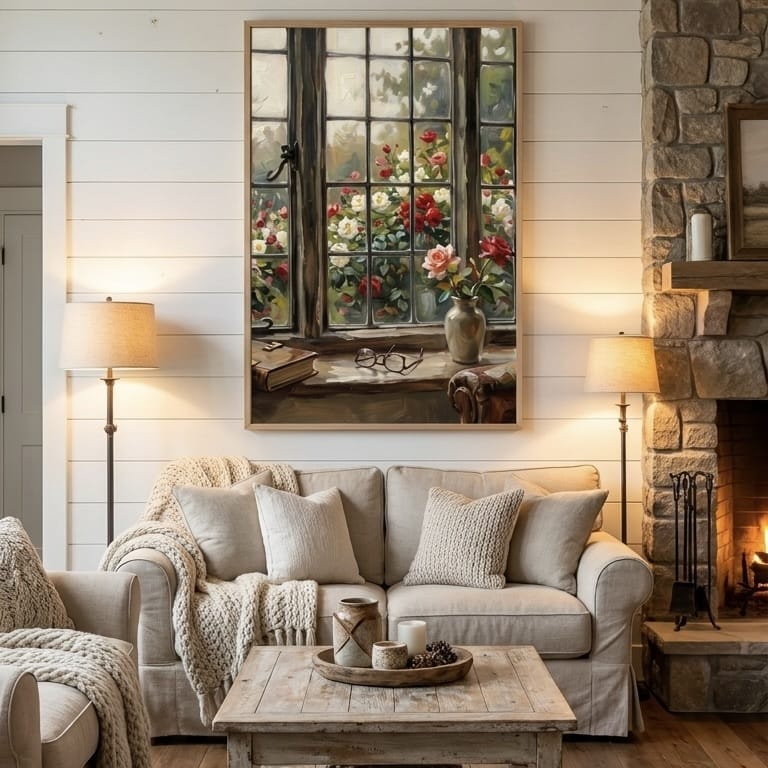 Roses Wall Art: Open Casement Window - Soft Pastel Garden