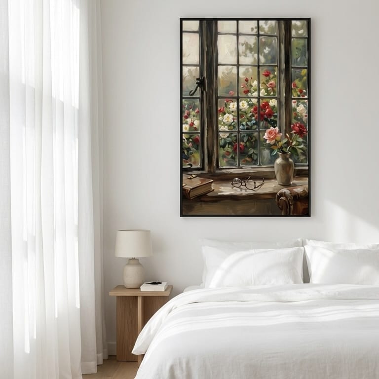 Roses Wall Art: Open Casement Window - Soft Pastel Garden
