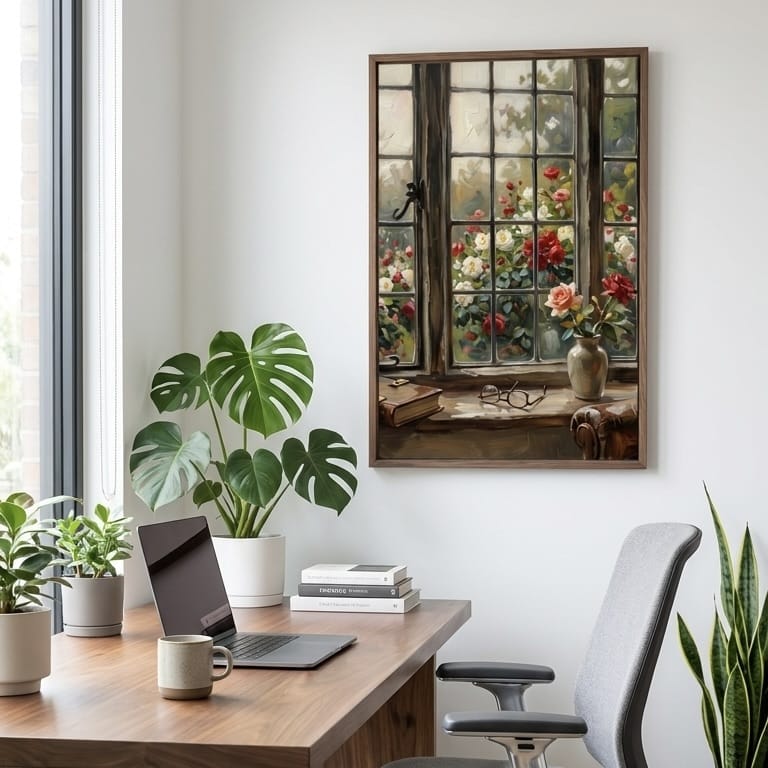 Roses Wall Art: Open Casement Window - Soft Pastel Garden