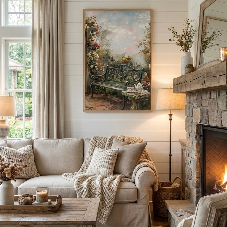 Vintage Landscape Print: Weathered Window with Geraniums - Rustic Farmhouse