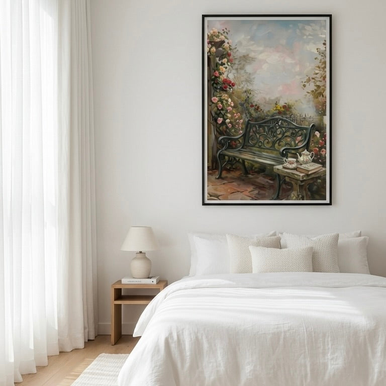 Vintage Landscape Print: Weathered Window with Geraniums - Rustic Farmhouse