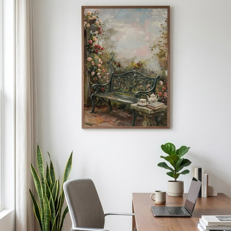 Vintage Landscape Print: Weathered Window with Geraniums - Rustic Farmhouse