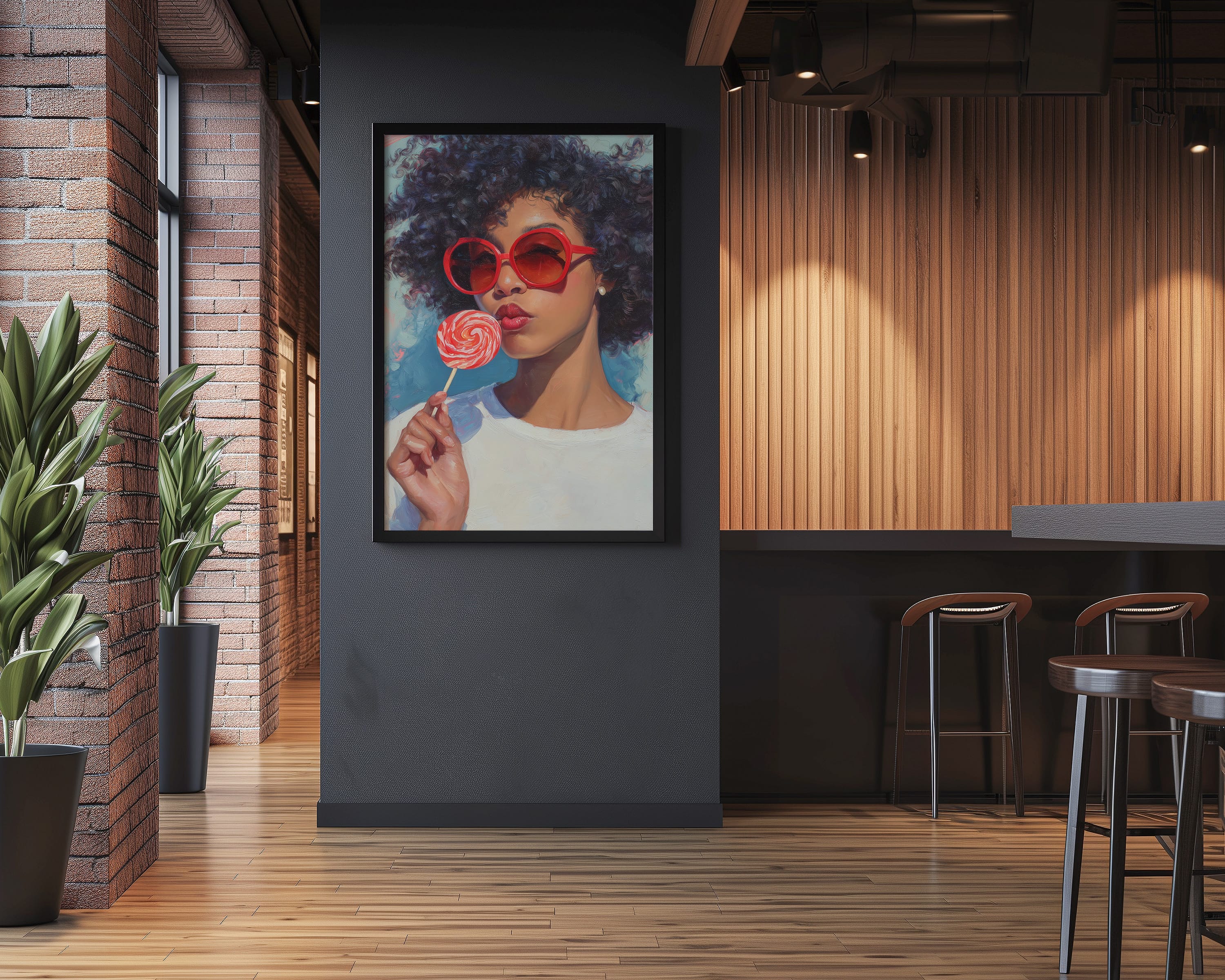 Retro Black Woman Wall Art - Afro Oil Painting | Red Lollipop Portrait | Playful Kitchen Decor