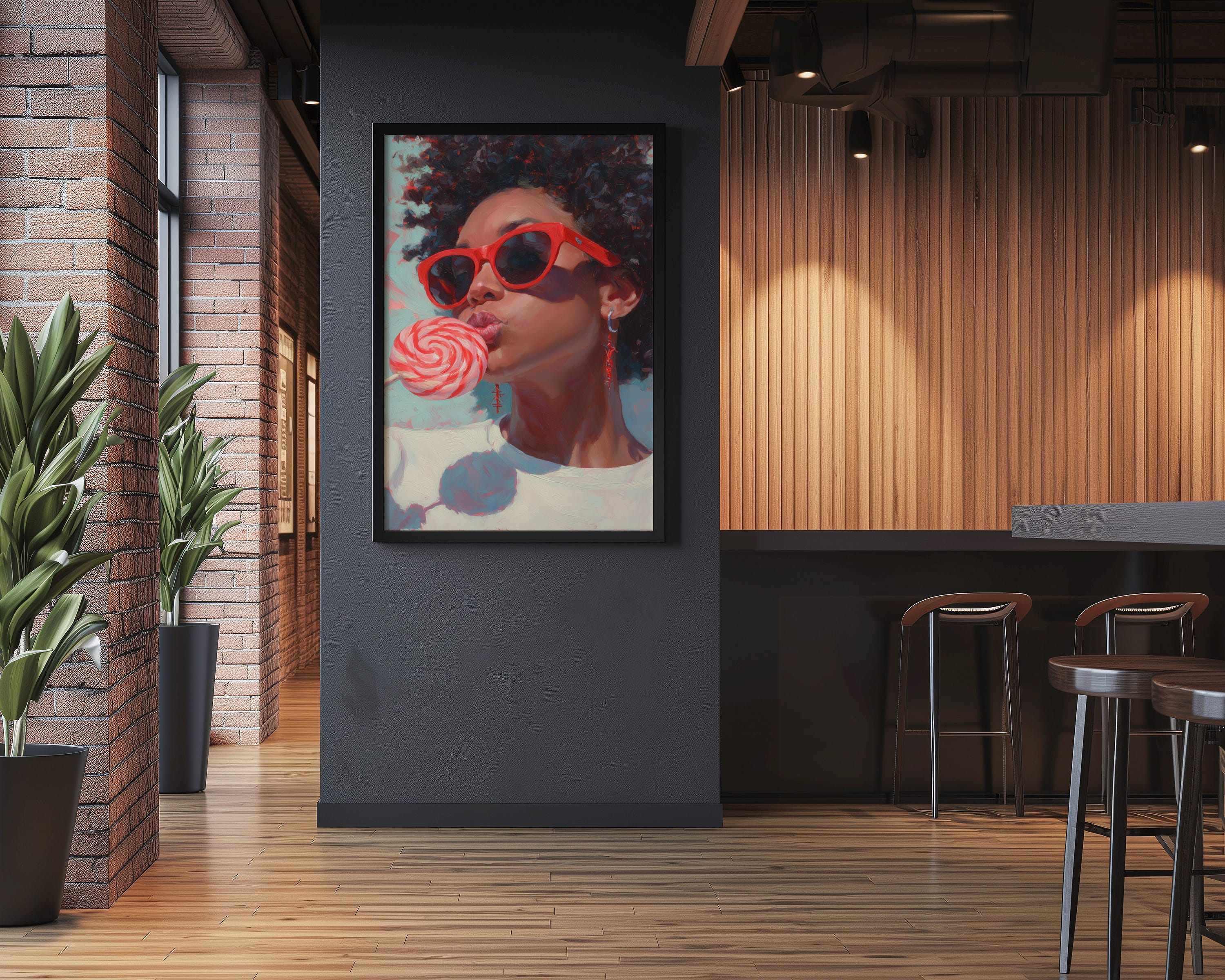 Retro Black Woman Wall Art – Red Lollipop Portrait | Afro Oil Painting Canvas