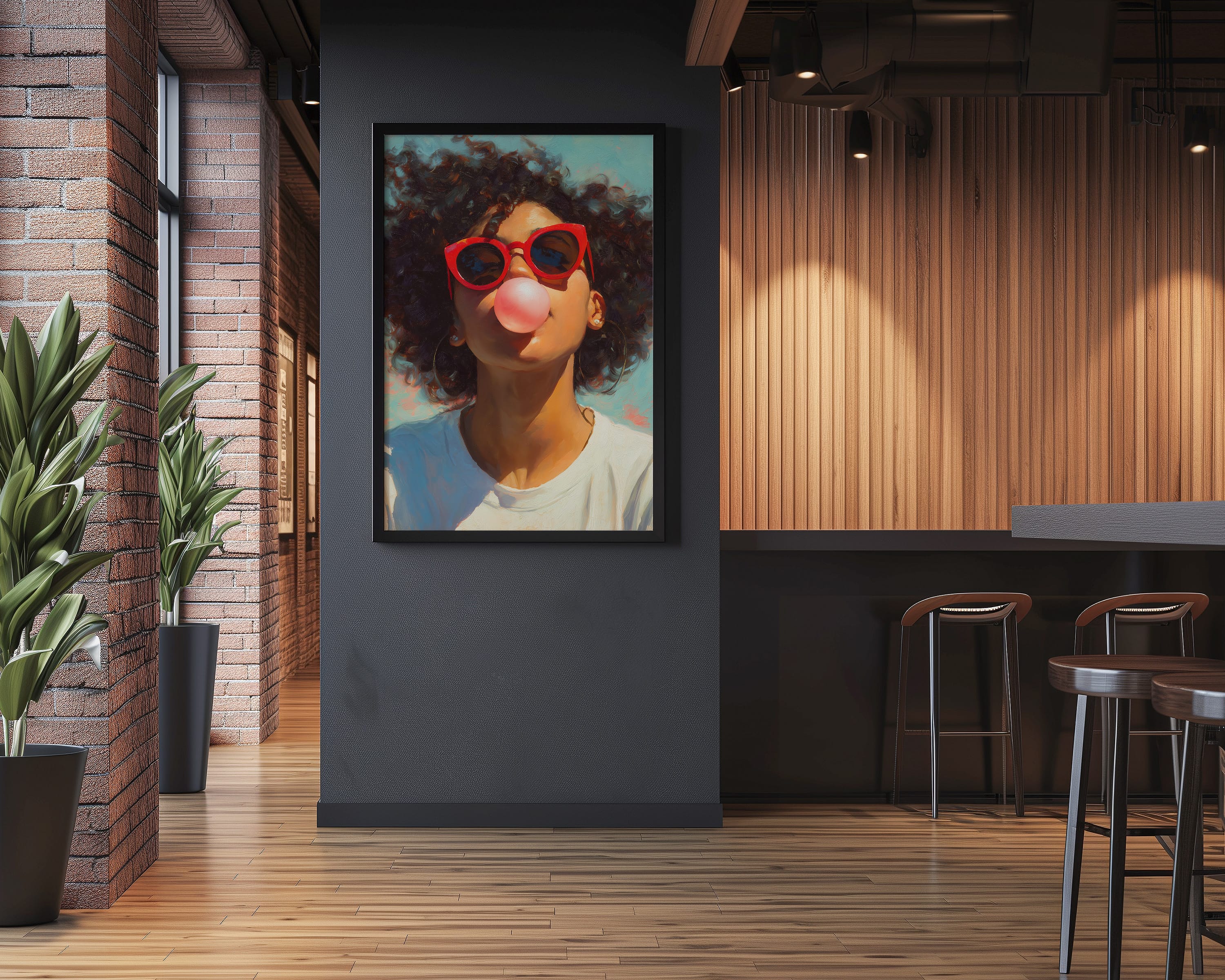 Retro Afro Portrait Print - Black Woman Bubble Gum Art | Red Cat Eye Sunglasses