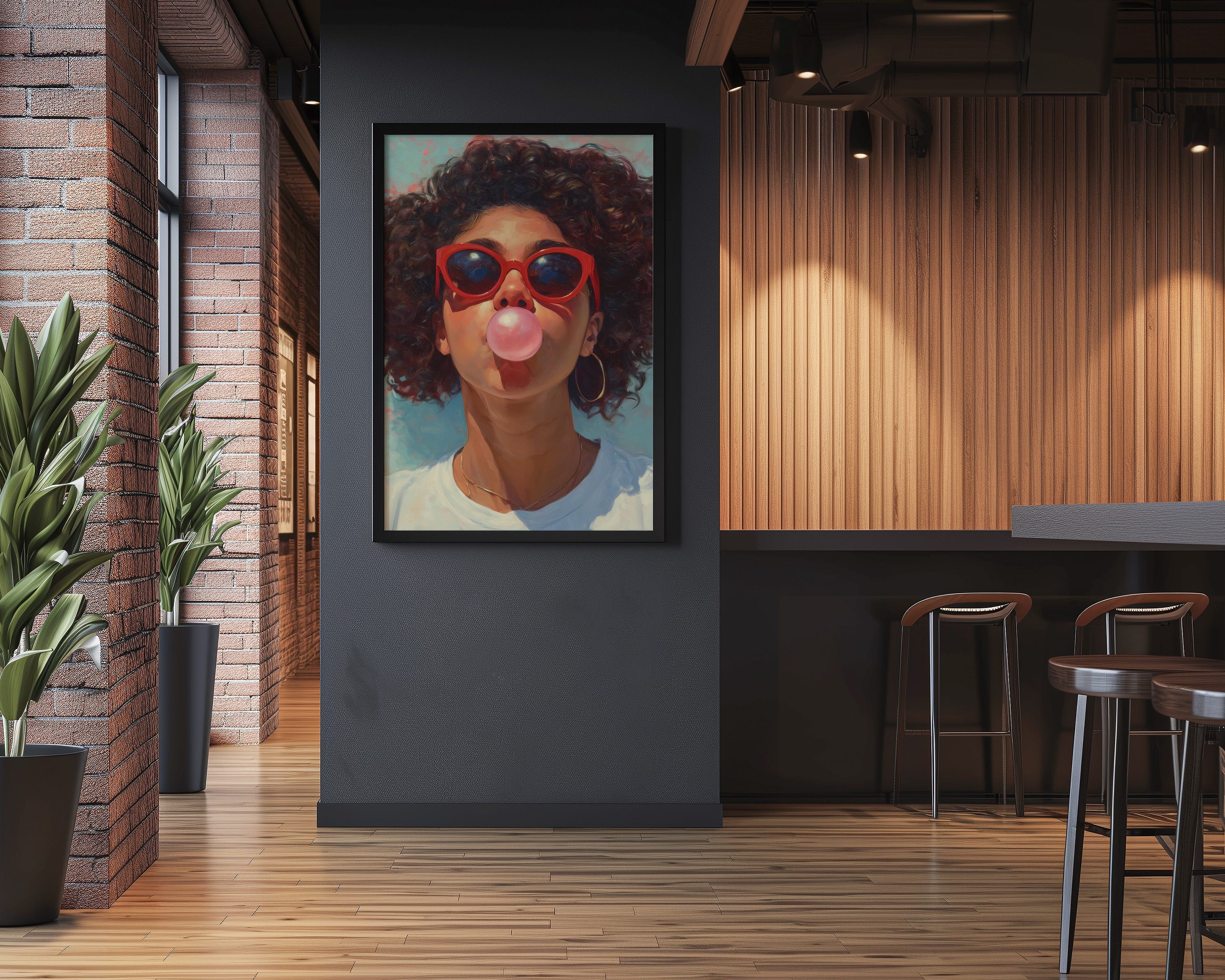Retro Afro Portrait - Black Woman Bubble Gum Art | Red Cat Eye Sunglasses | Teal Kitchen Wall Decor
