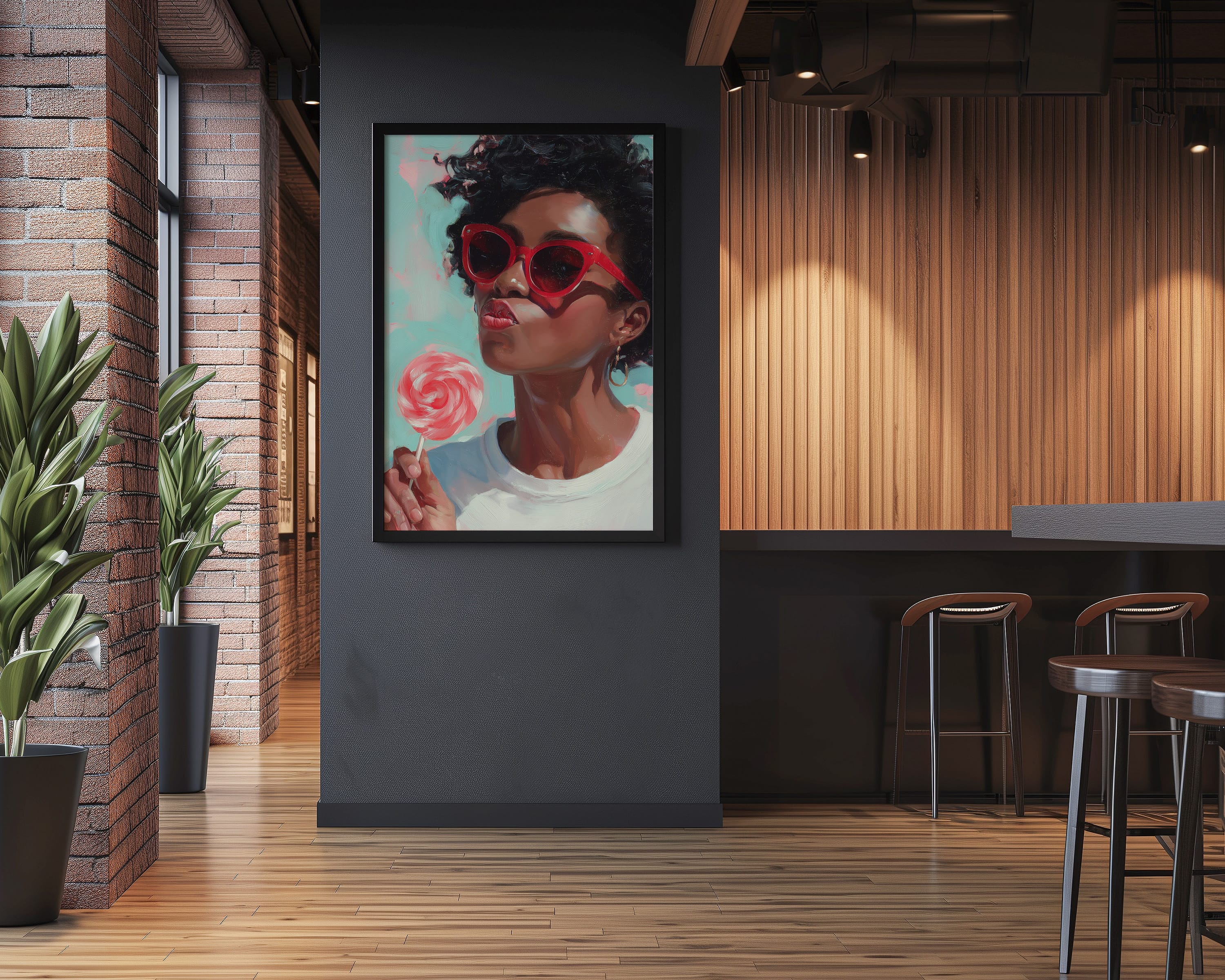 Retro Black Woman Wall Art – Red Lollipop Portrait | Afro Oil Painting | Playful Kitchen Decor