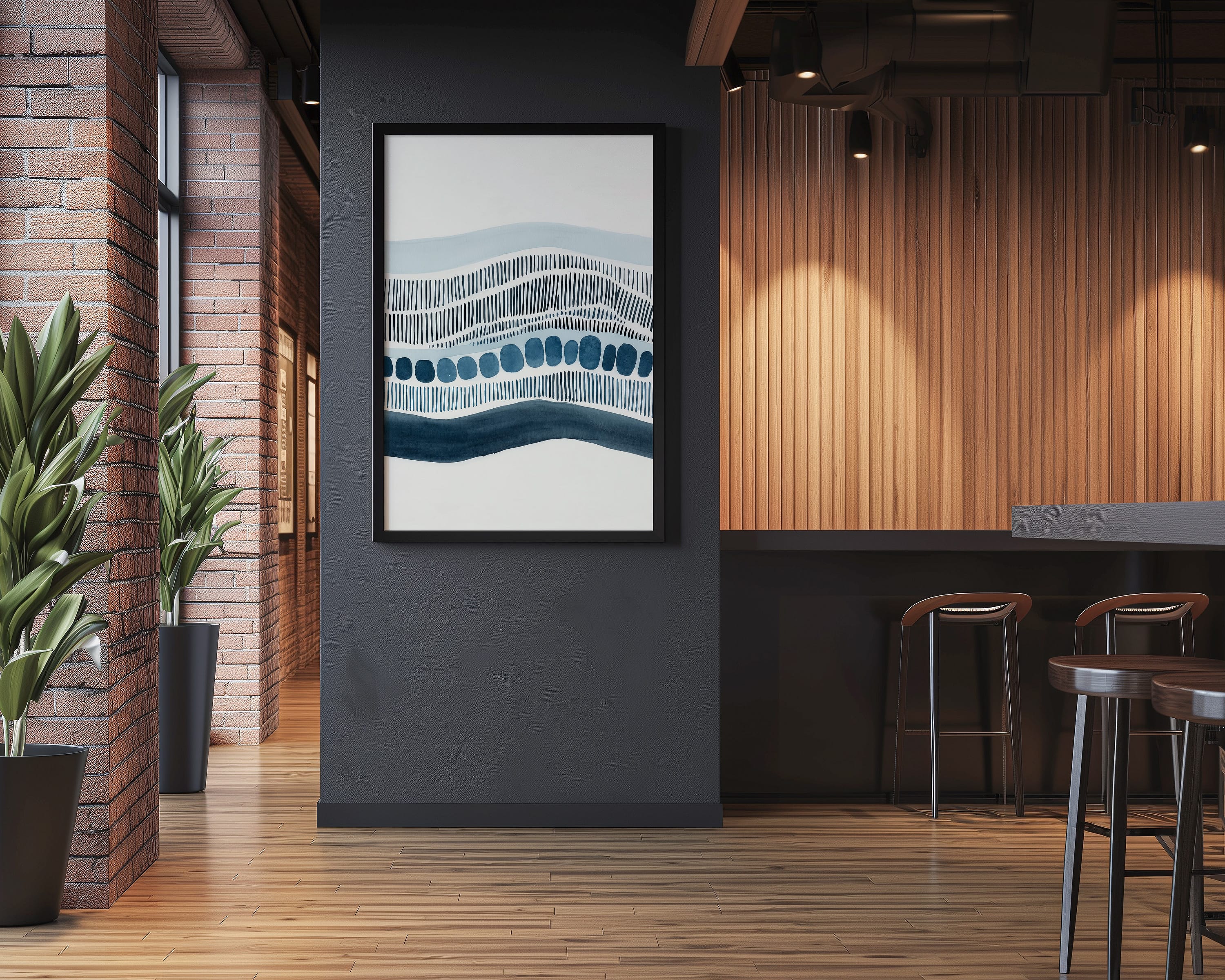 Abstract Wave Print | Minimalist Wall Art with Navy Blue Dashed Line Artwork