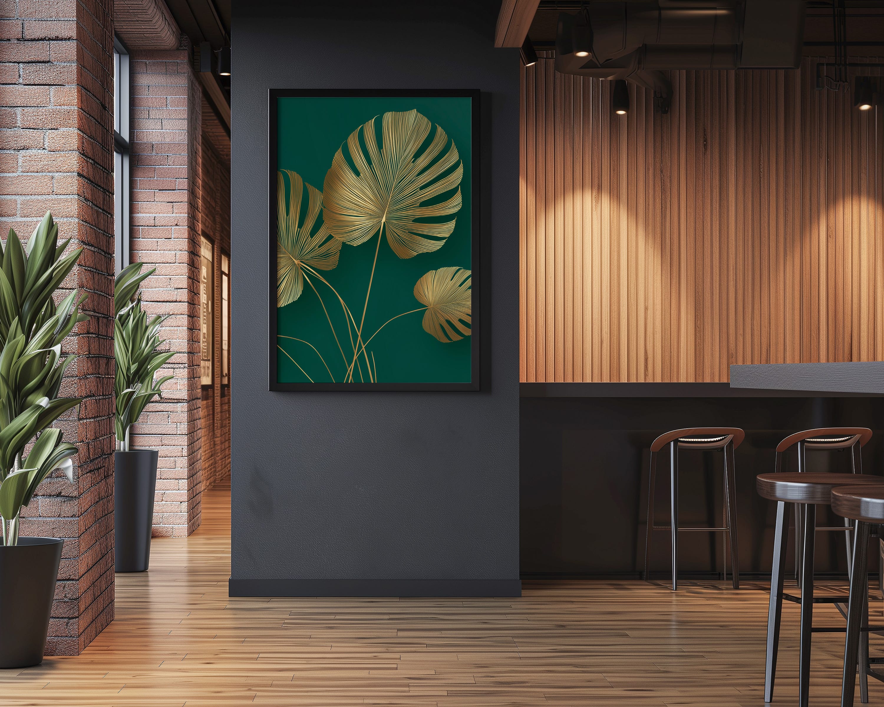Gold Monstera Wall Art – Oversized Leaf Poster | Emerald Green Decor | Metallic Gold Foil Leaf Print
