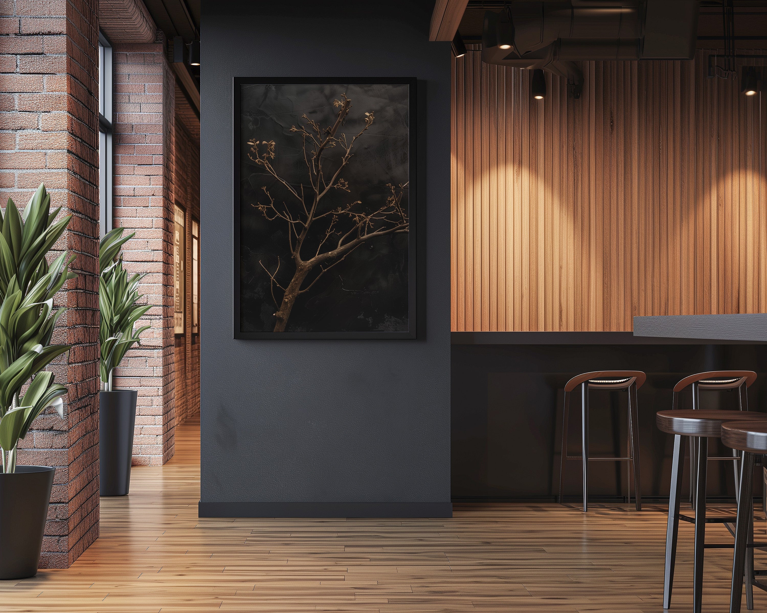 Minimalist Gnarled Branch Painting – Dark Moody Wall Art | Charcoal Sepia Texture