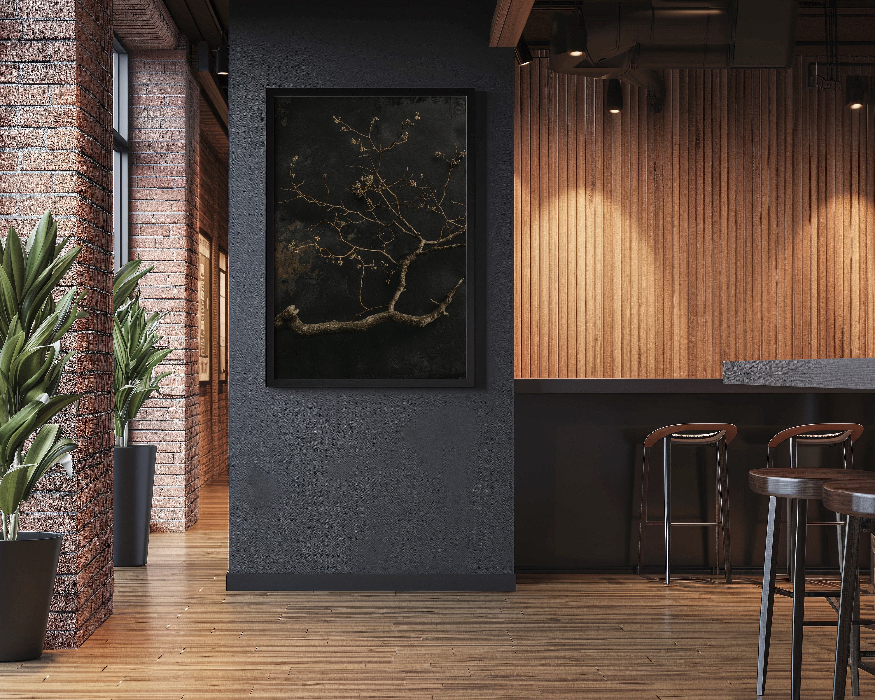 Minimalist Gnarled Branch Painting – Dark Moody Wall Art | Charcoal Sepia Texture