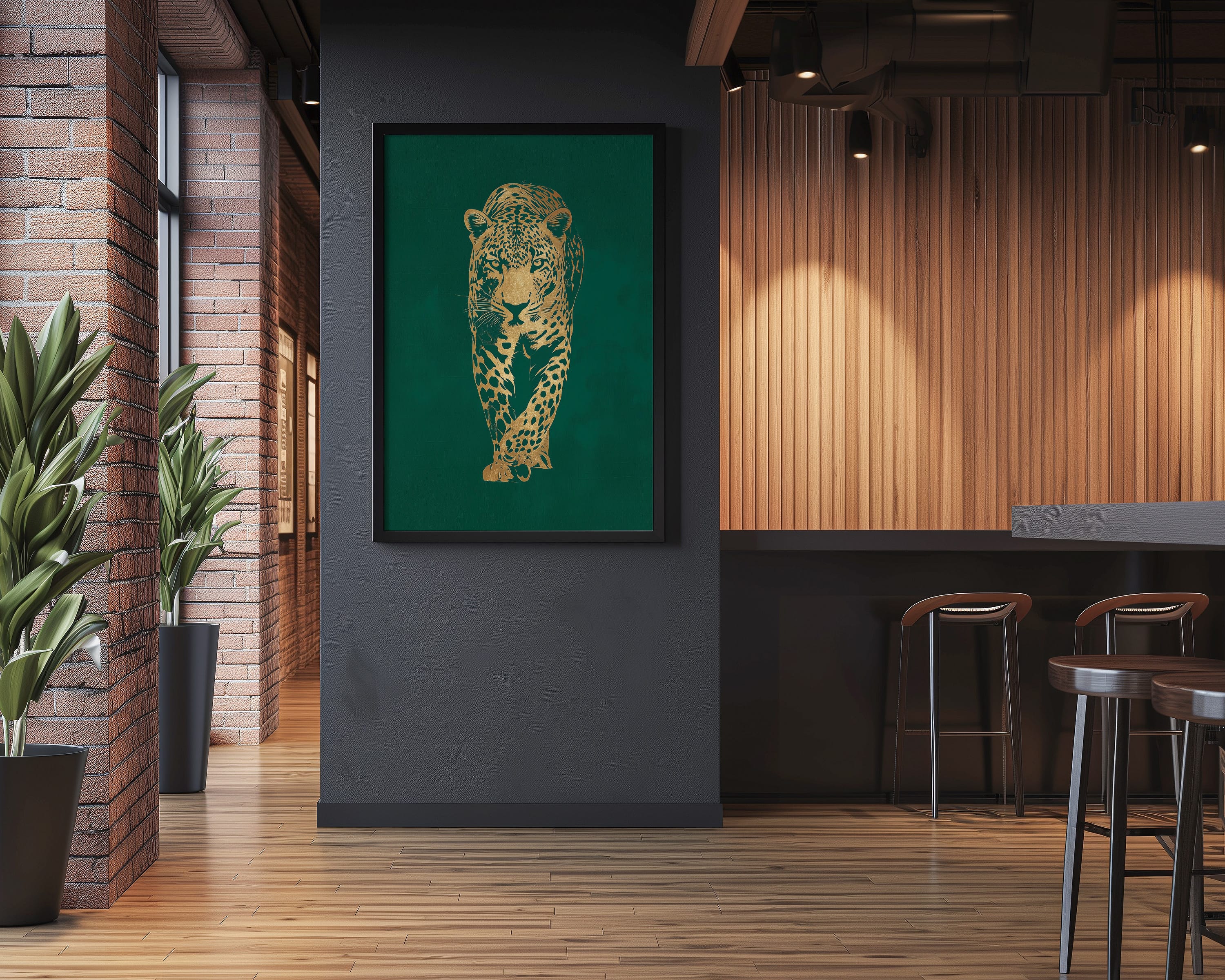 Gold Foil Leopard Wall Art – Emerald Green Art Deco Animal Print Poster