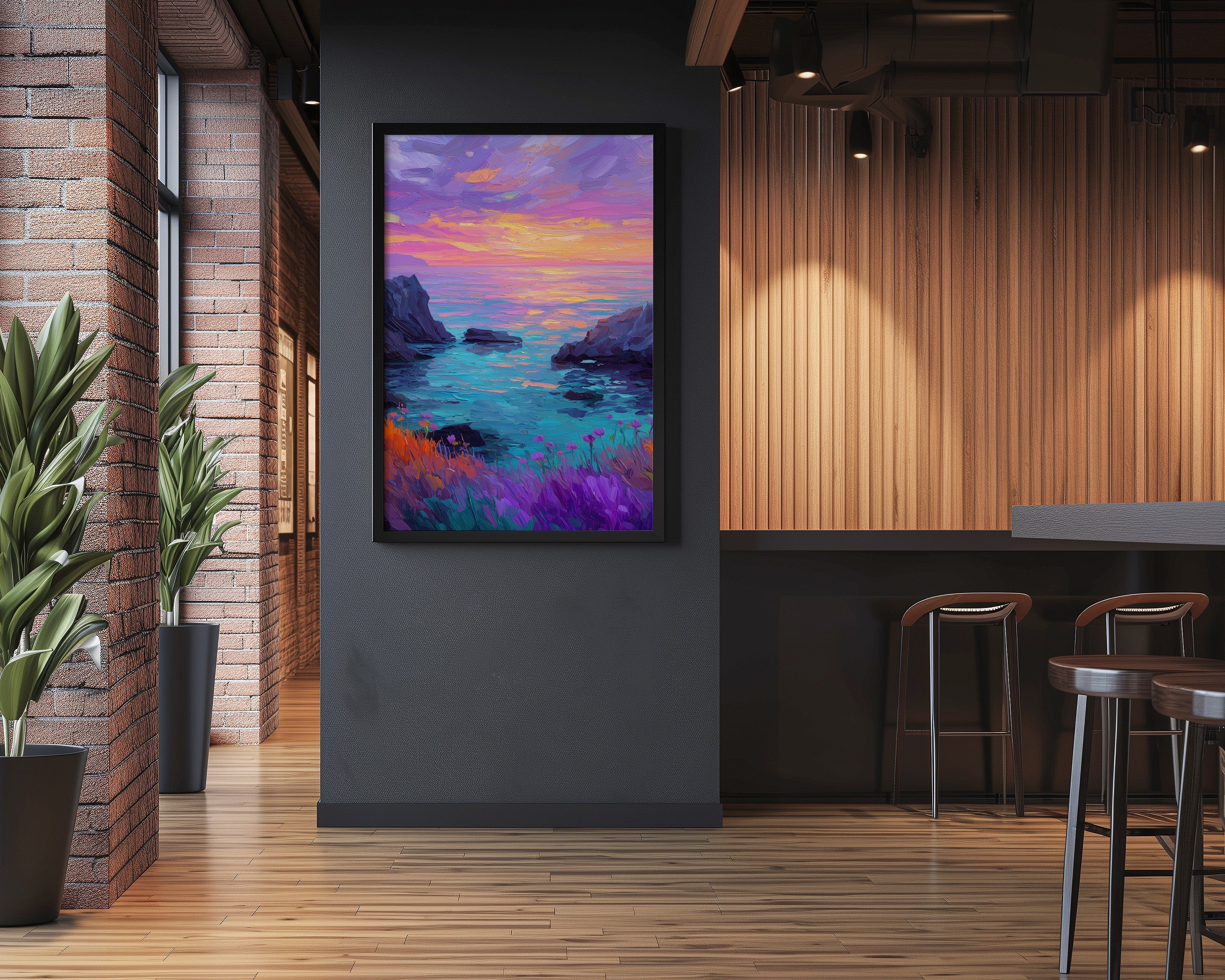 Abstract Coast Wall Art – Vibrant Sunset Print With Impasto Brushstrokes | Adventure Landscape