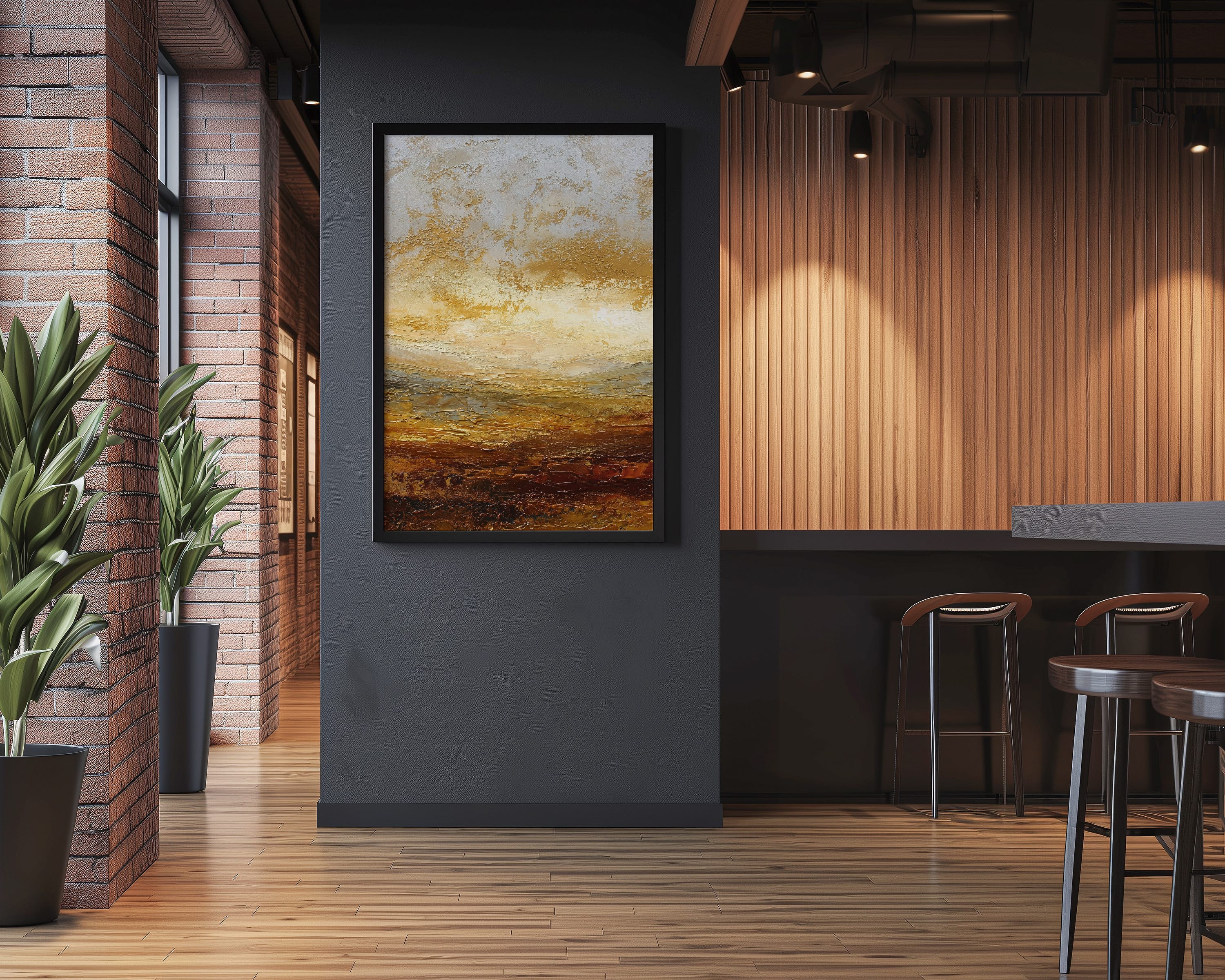 Abstract Horizon Wall Art – Burnt Orange Art | Deep Amber Print | Palette Knife Texture