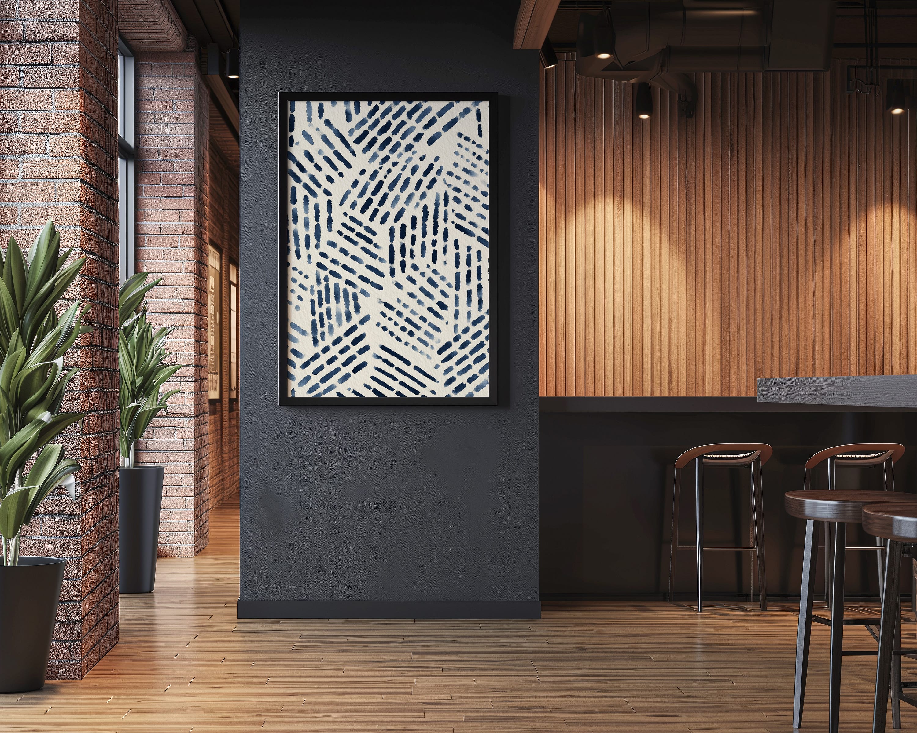 Navy Blue Abstract Art - Mid Century Textile Print | Hand Drawn Ink & Watercolor Pattern