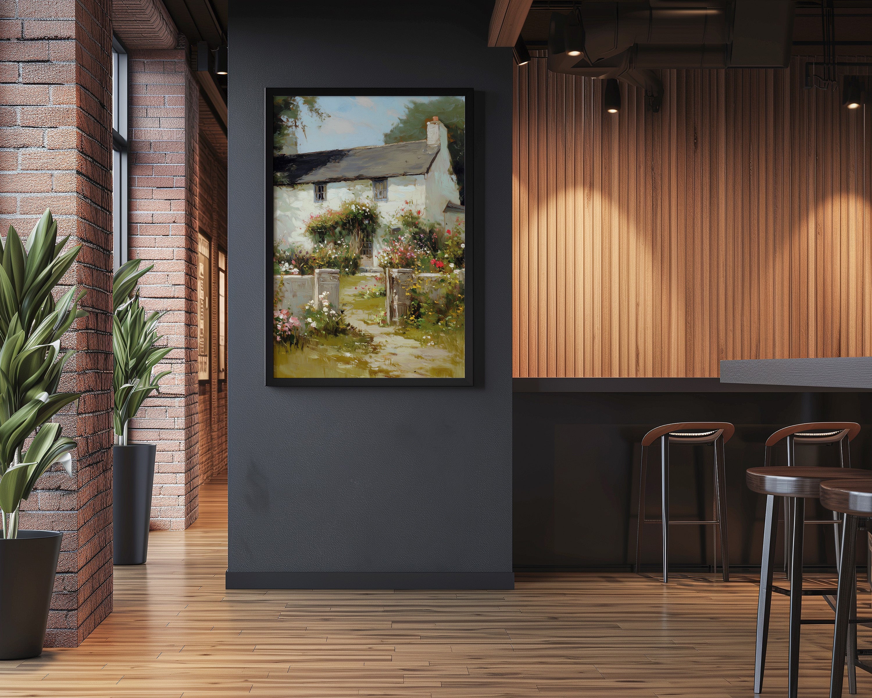 English Cottage Wall Art – Rustic Charm Floral Landscape Oil Painting Canvas