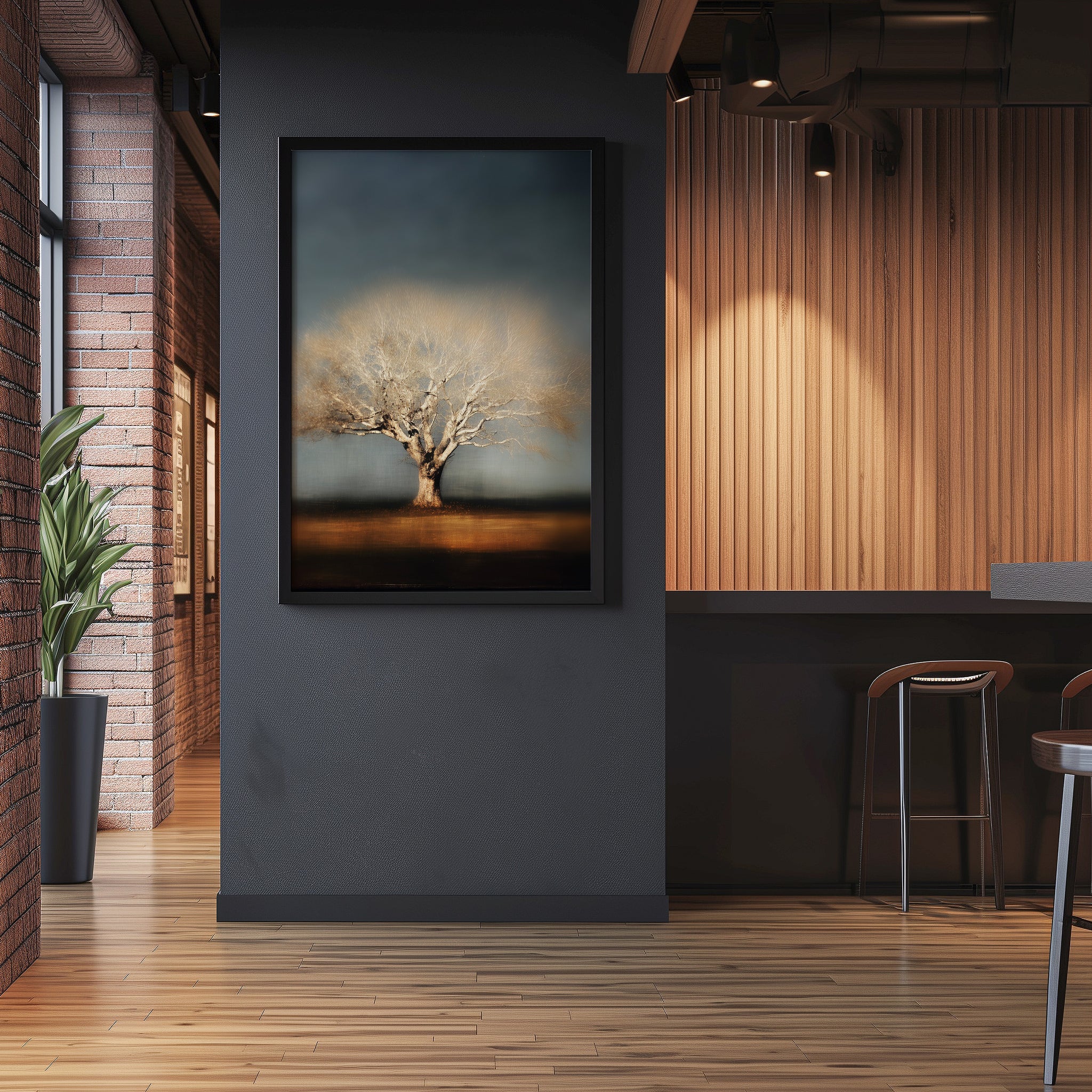 Minimalist Tree Wall Art – Moody Wall Decor | Indigo Sky Painting | Sepia Tone Art Canvas
