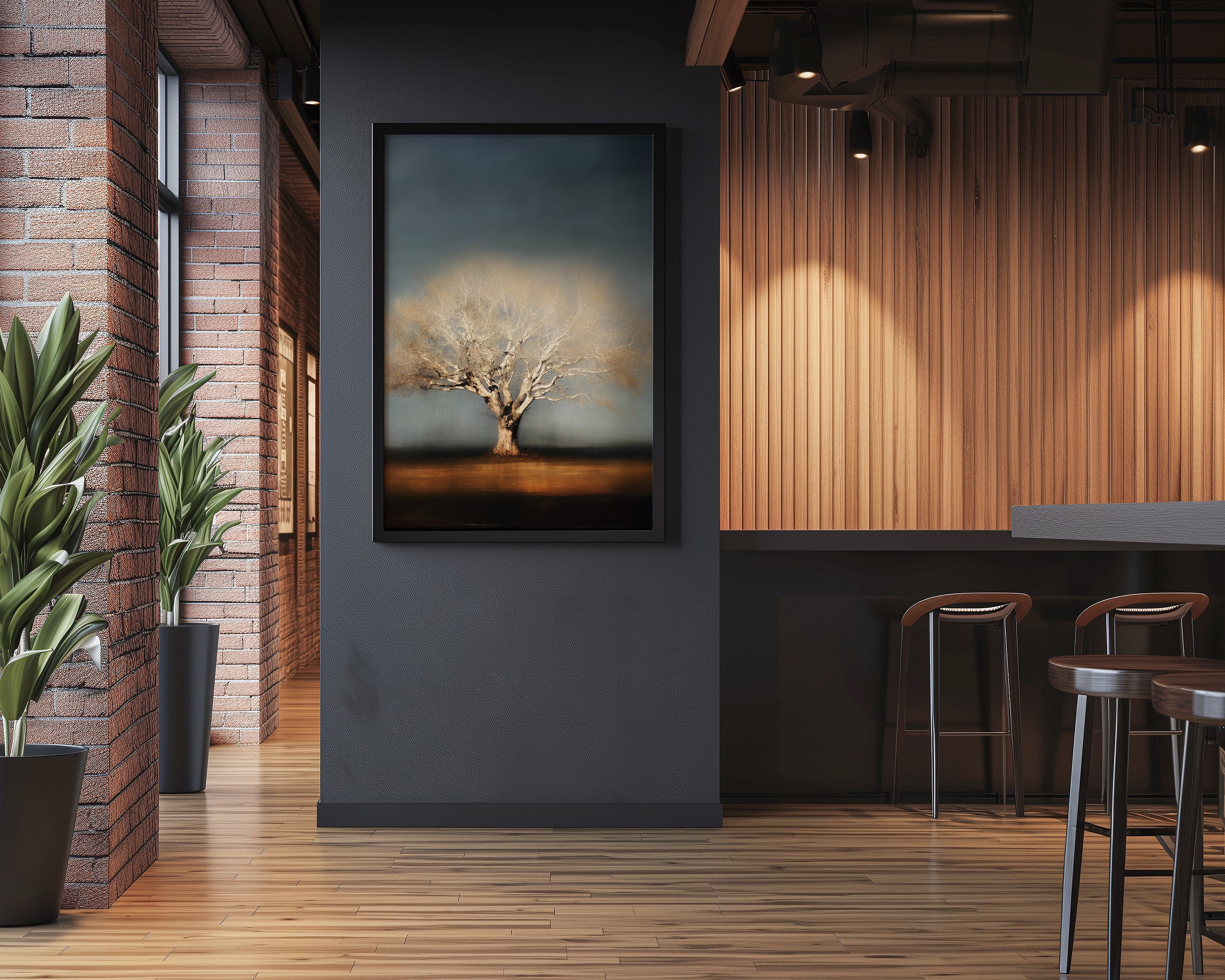Minimalist Tree Wall Art – Moody Wall Decor | Indigo Sky Painting | Sepia Tone Art Canvas