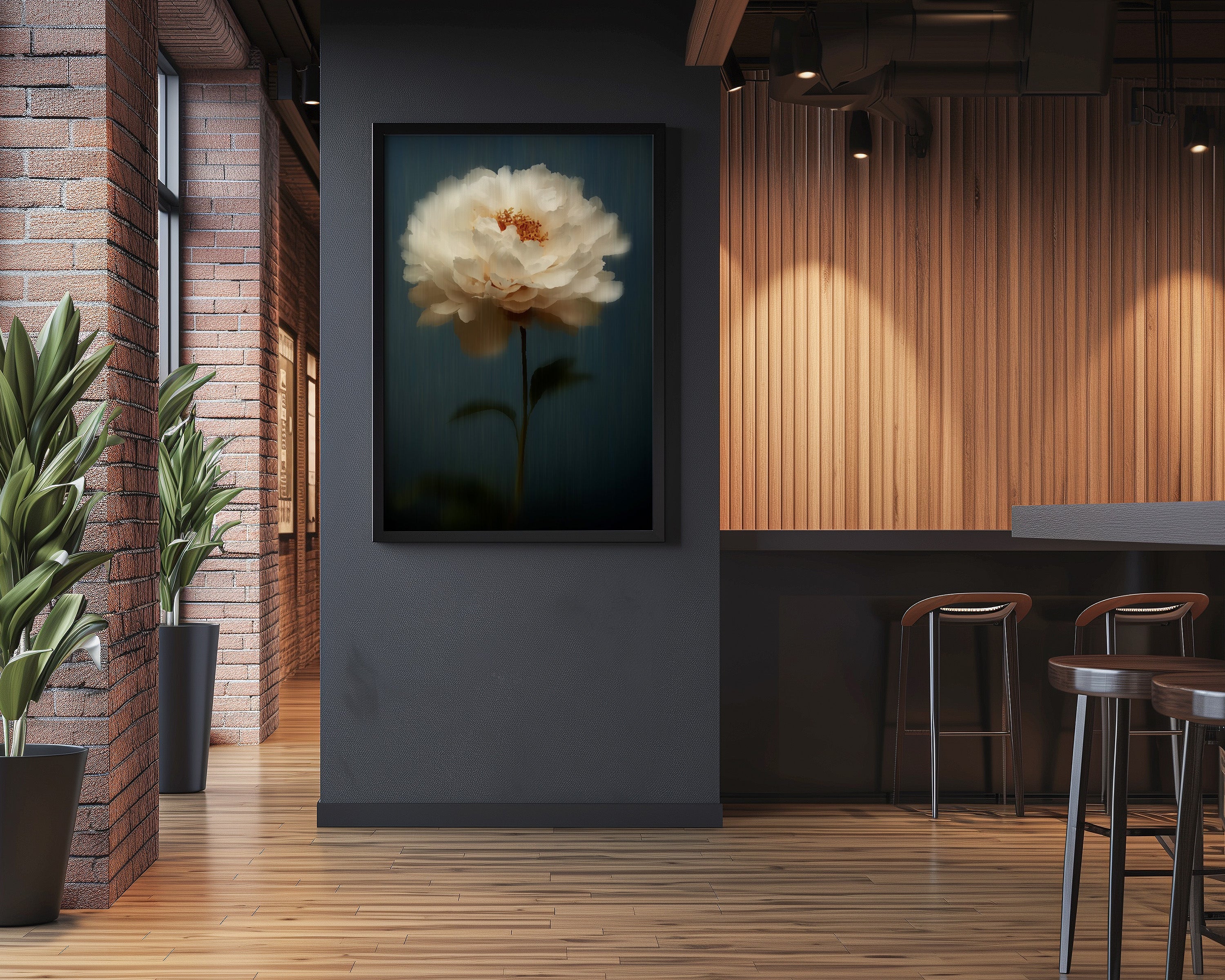 White Peony Wall Art – Dark Floral Painting | Minimalist Floating Flower Decor