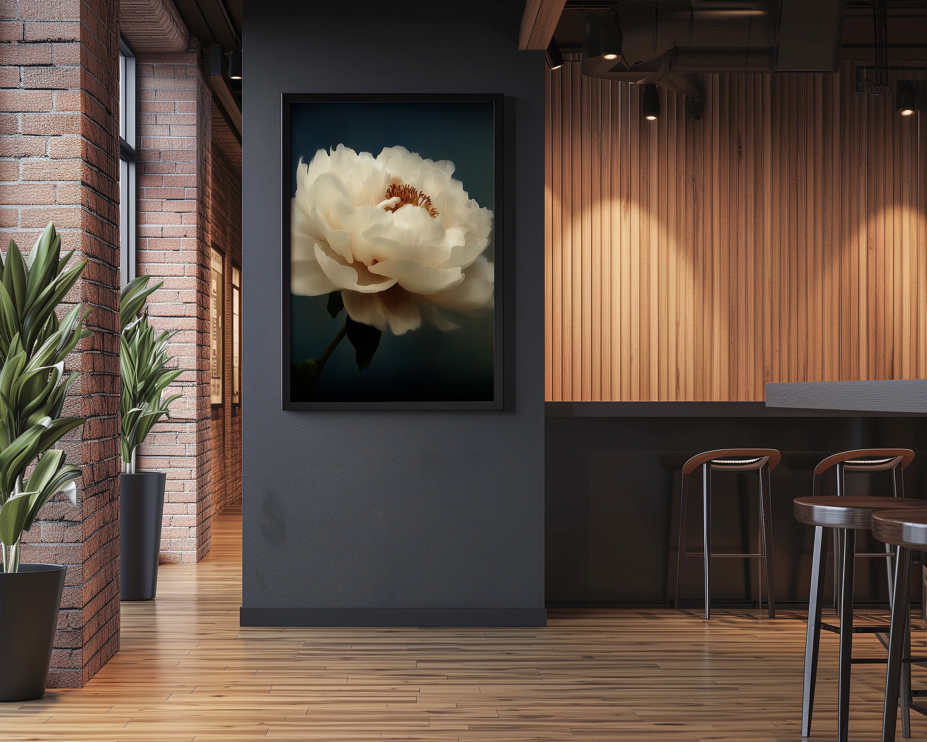 White Peony Wall Art – Minimalist Floral Print | Dark Moody Painting Canvas Gallery Wrap
