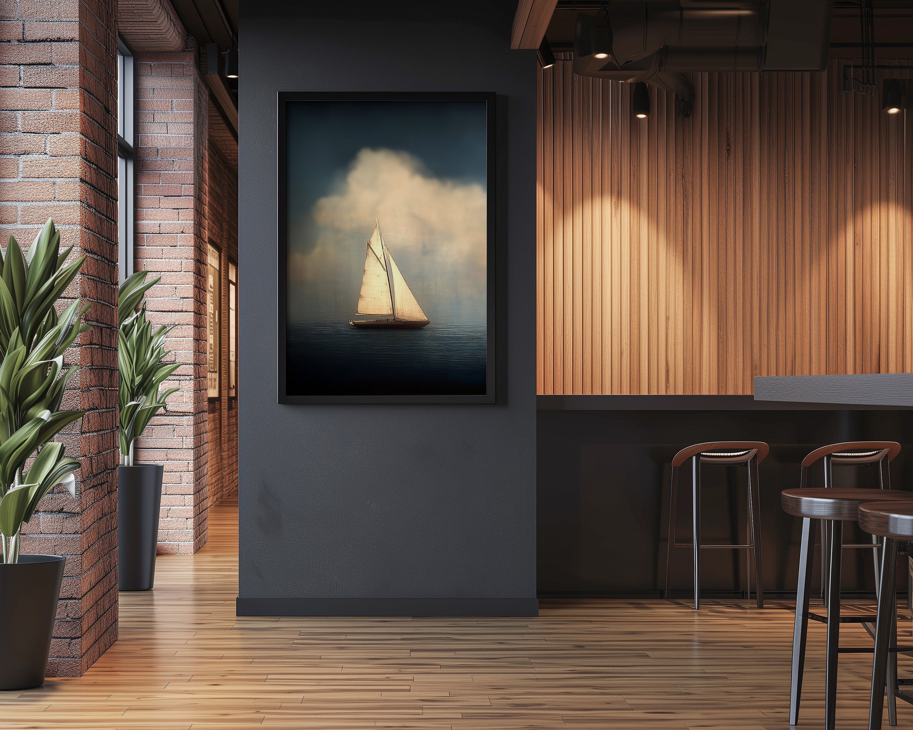 Solitary Sailboat Wall Art – Moody Coastal Decor | Midnight Blue Ocean Painting
