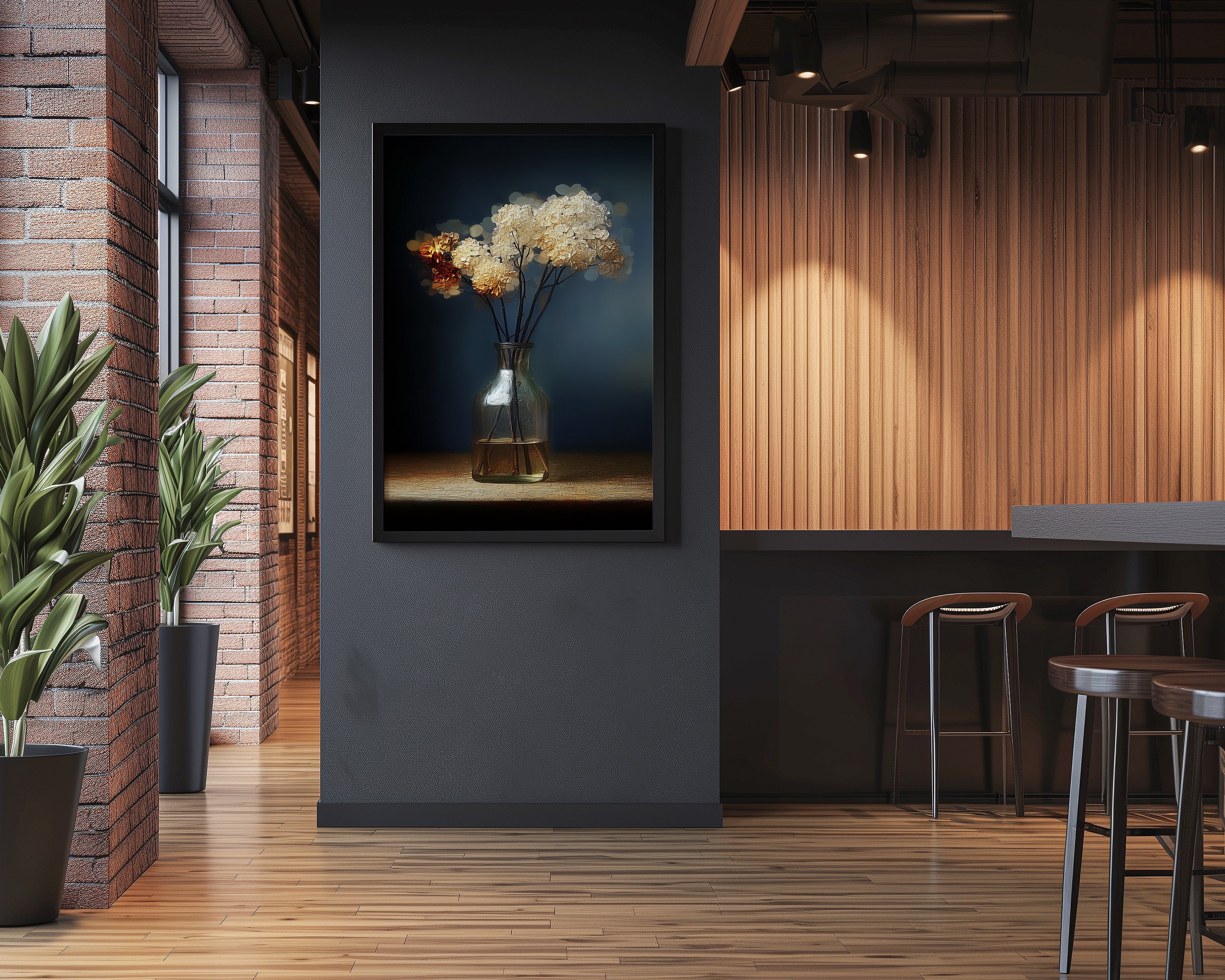 Dried Flowers Wall Art – Moody Minimalist Painting | Velvety Midnight Blue Print