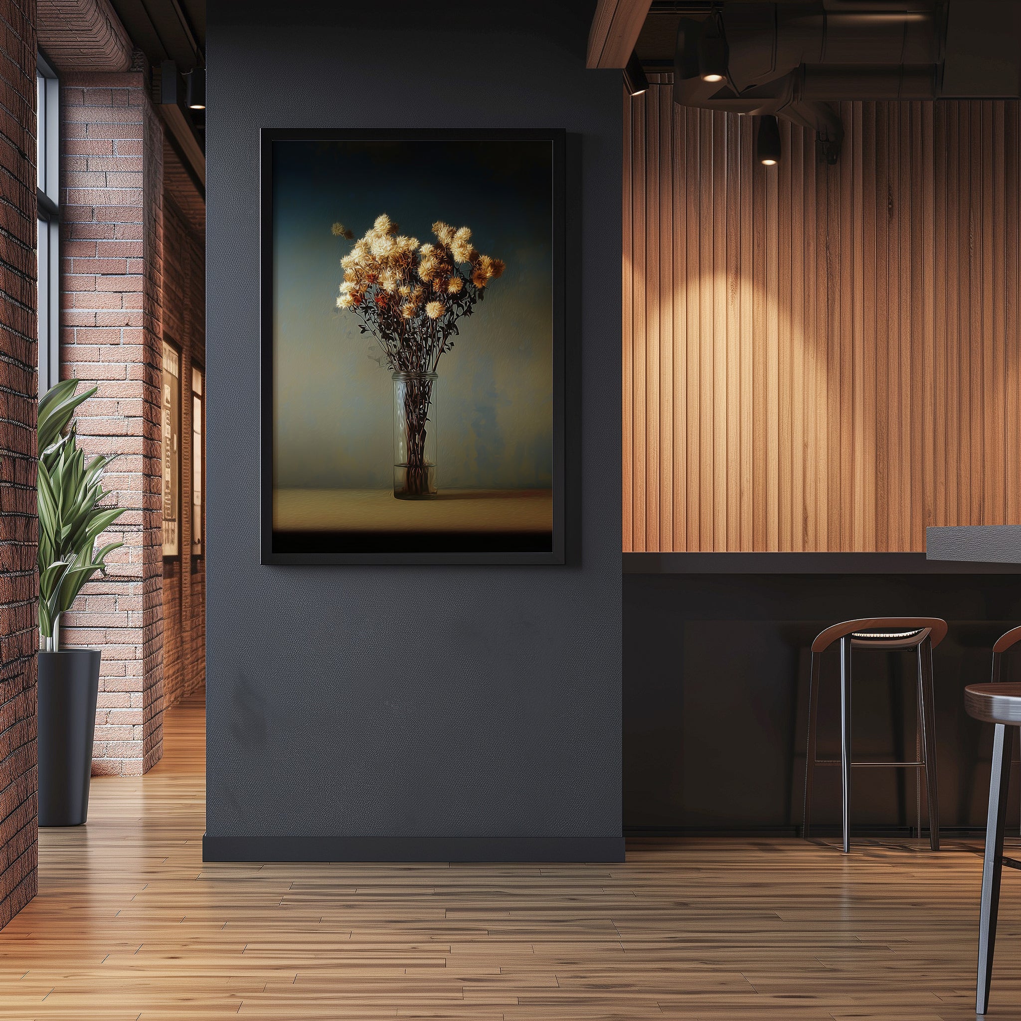 Dark Moody Artwork – Minimalist Wall Art With Velvety Midnight Blue Print & Aged Flowers