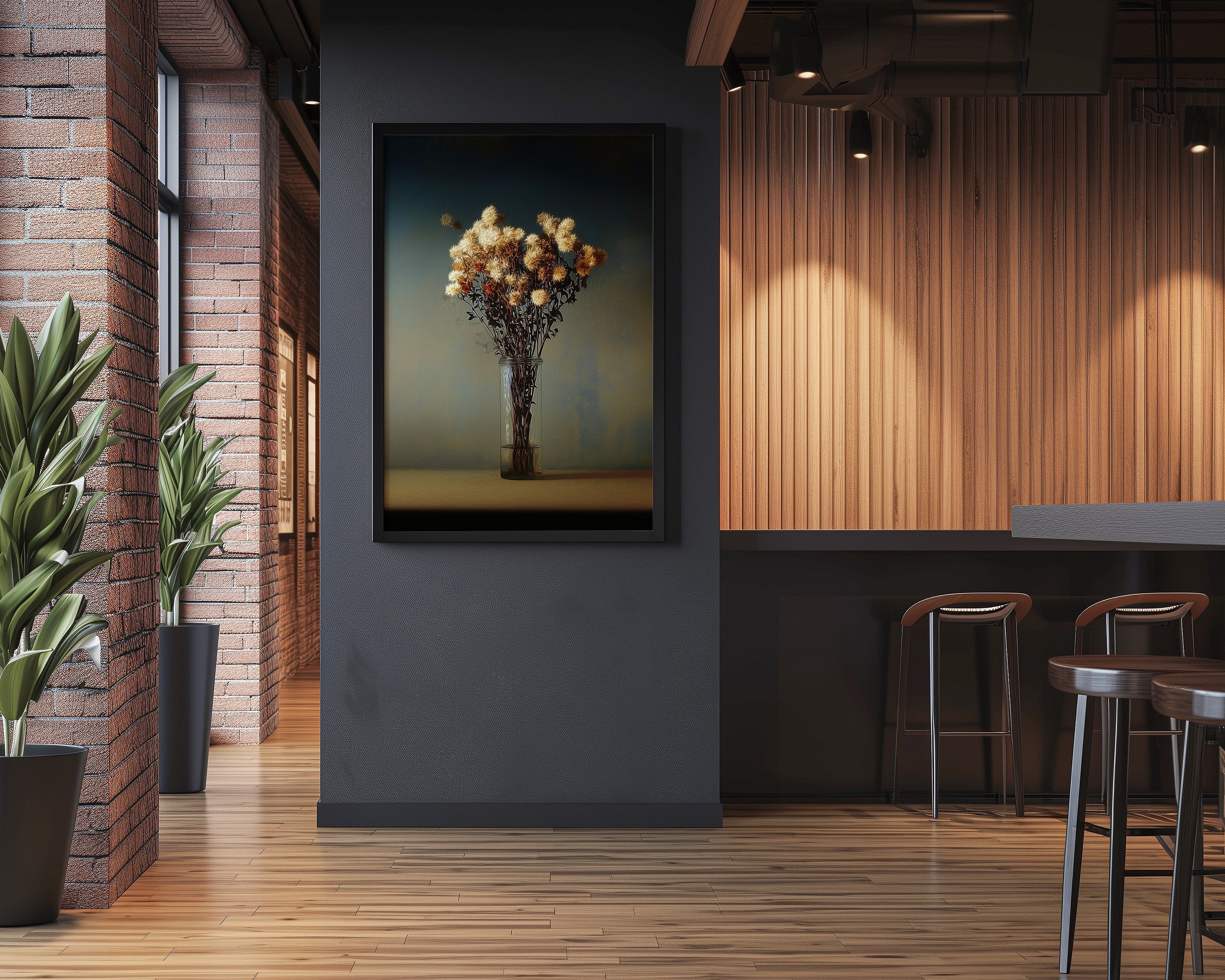 Dark Moody Artwork – Minimalist Wall Art With Velvety Midnight Blue Print & Aged Flowers