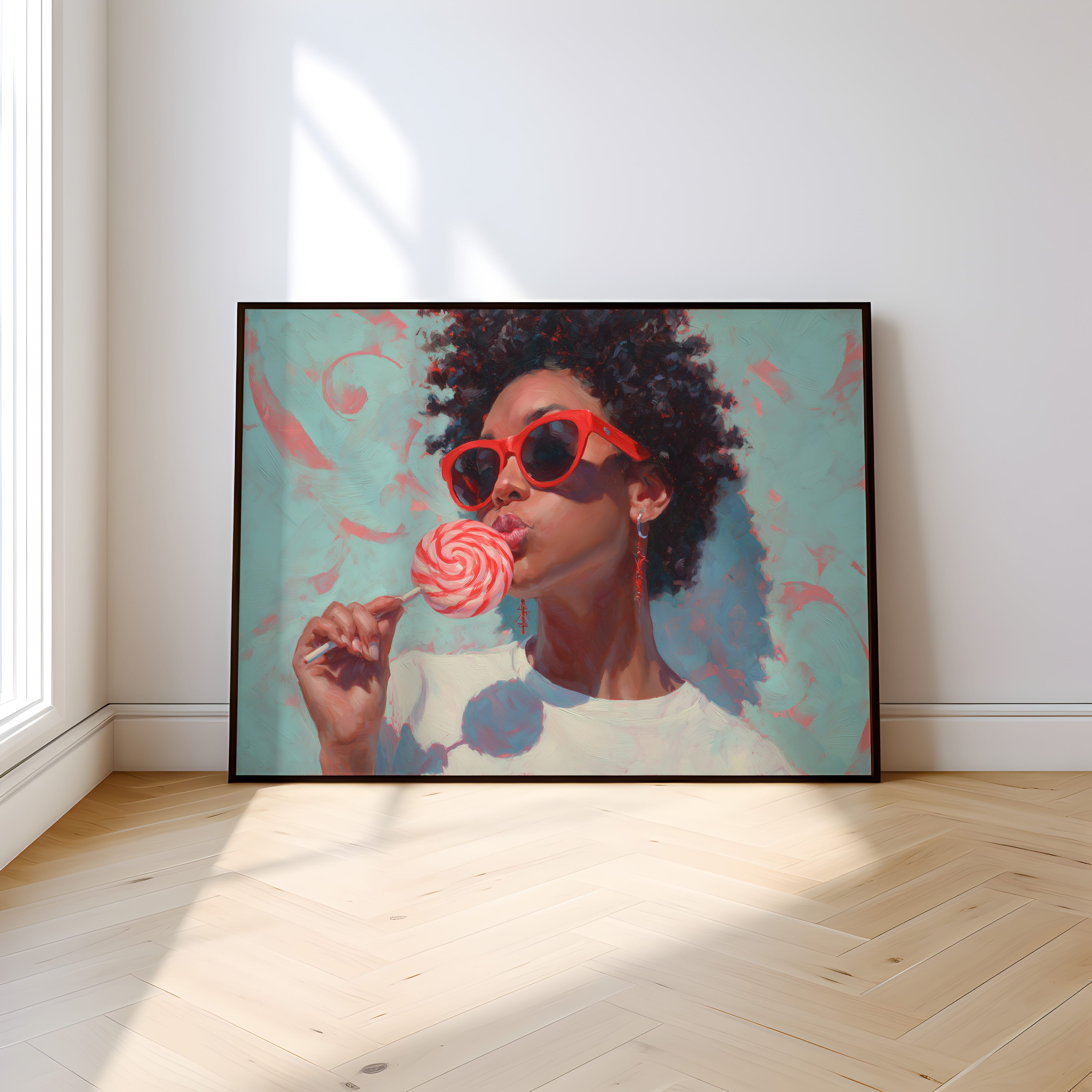 Retro Black Woman Wall Art – Red Lollipop Portrait | Afro Oil Painting Canvas