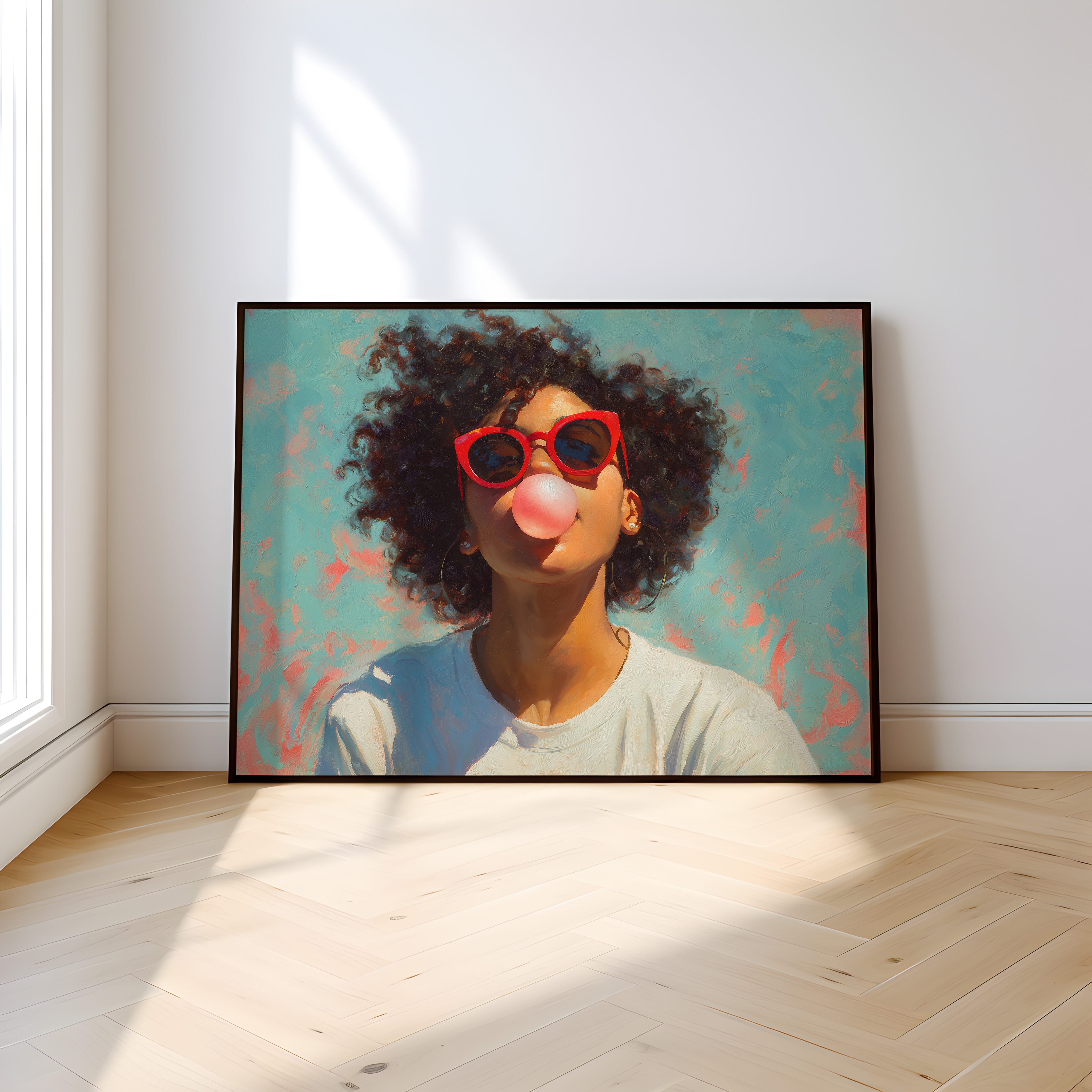 Retro Afro Portrait Print - Black Woman Bubble Gum Art | Red Cat Eye Sunglasses