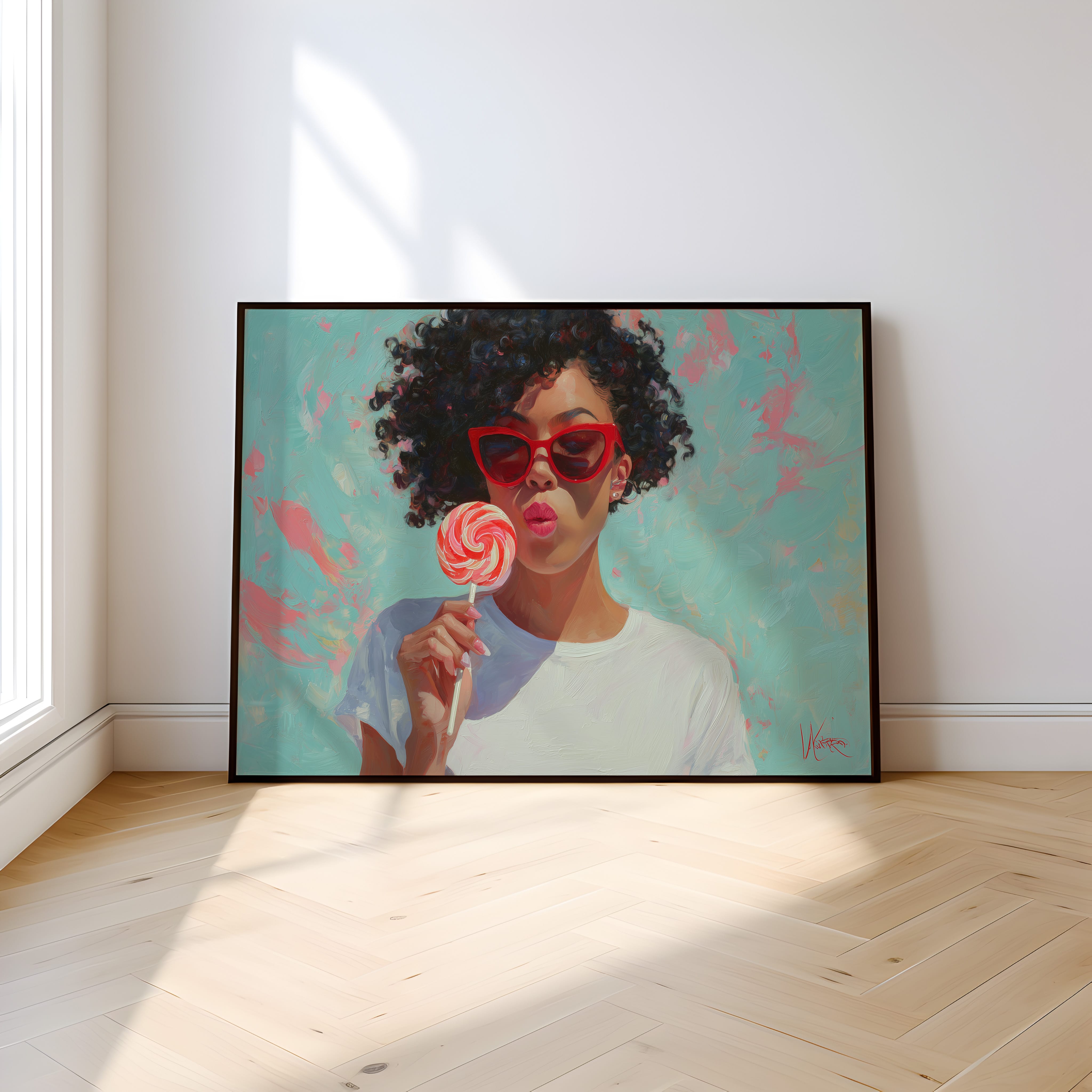 Retro Black Woman Wall Art - Afro Oil Painting | Red Lollipop Portrait | Playful Kitchen Decor