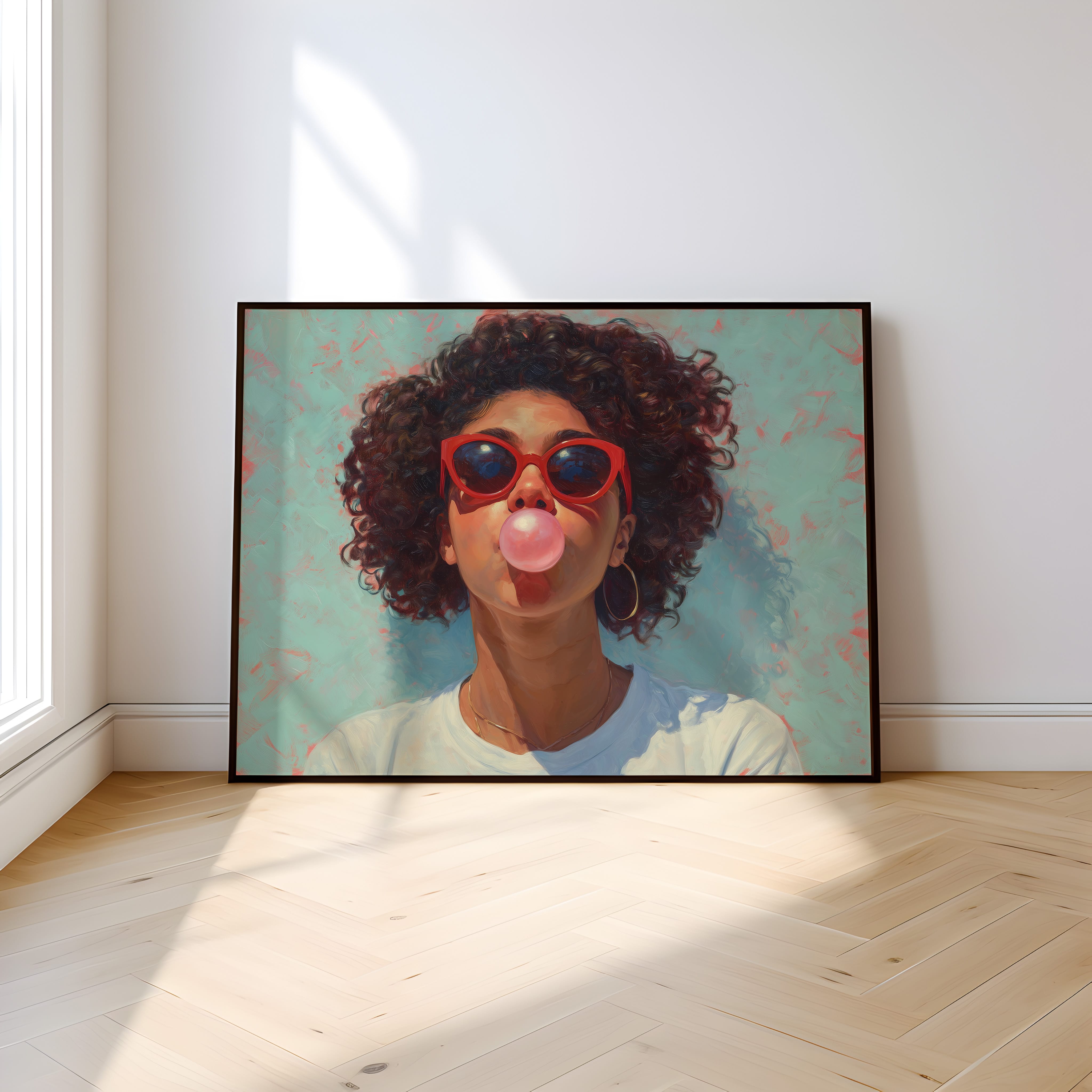 Retro Afro Portrait - Black Woman Bubble Gum Art | Red Cat Eye Sunglasses | Teal Kitchen Wall Decor