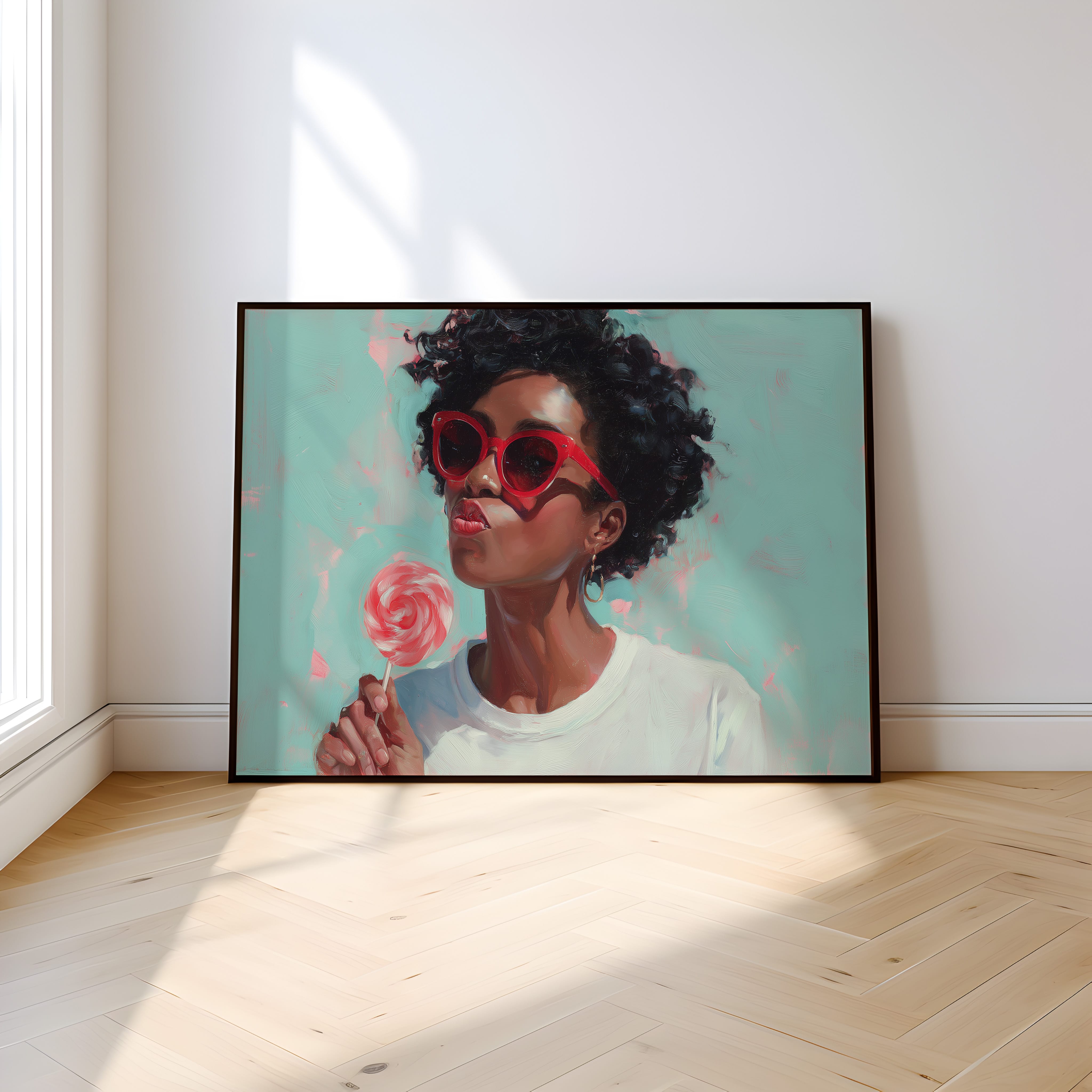 Retro Black Woman Wall Art – Red Lollipop Portrait | Afro Oil Painting | Playful Kitchen Decor