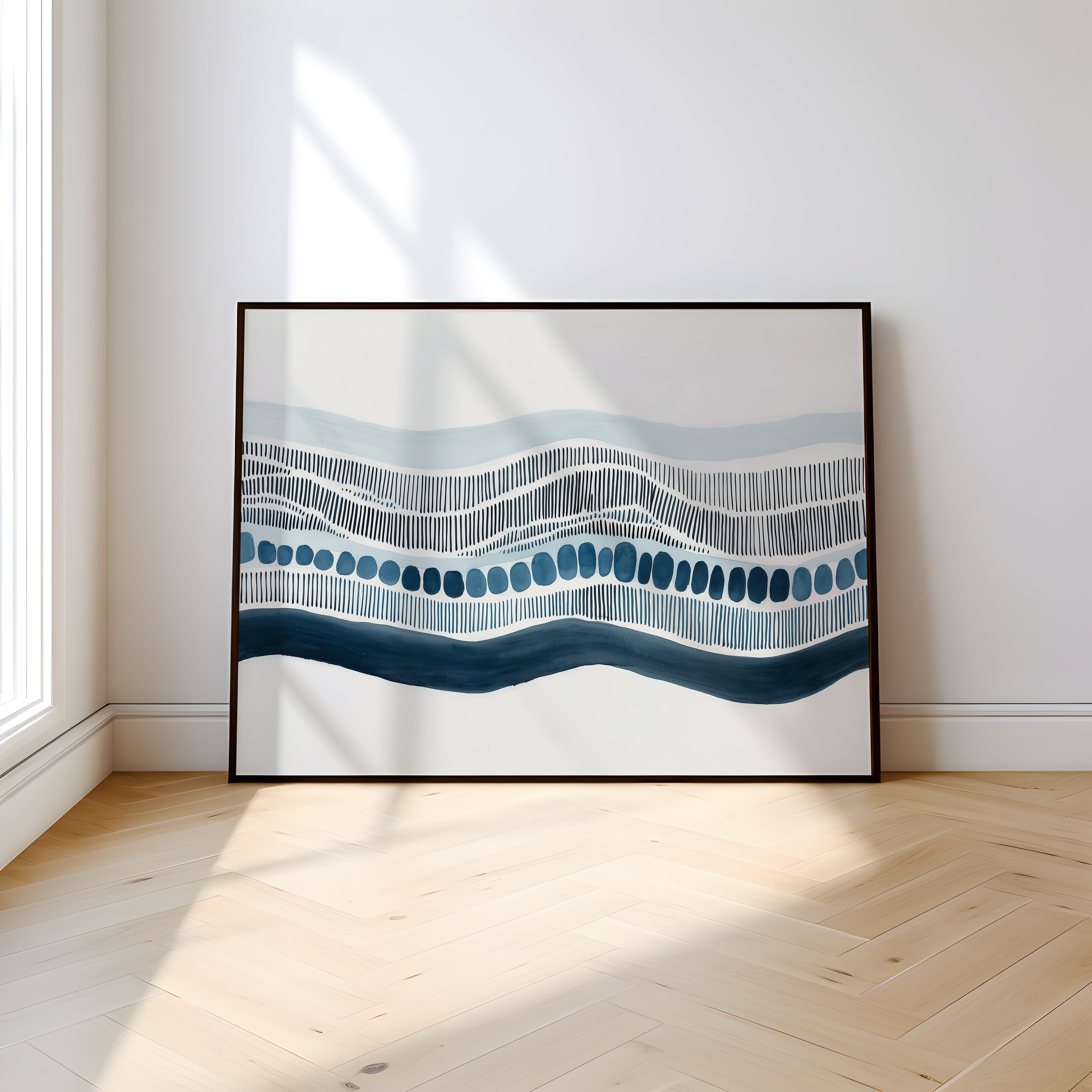 Abstract Wave Print | Minimalist Wall Art with Navy Blue Dashed Line Artwork