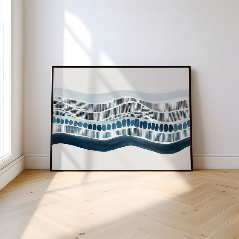 Abstract Wave Print | Minimalist Wall Art with Navy Blue Dashed Line Artwork