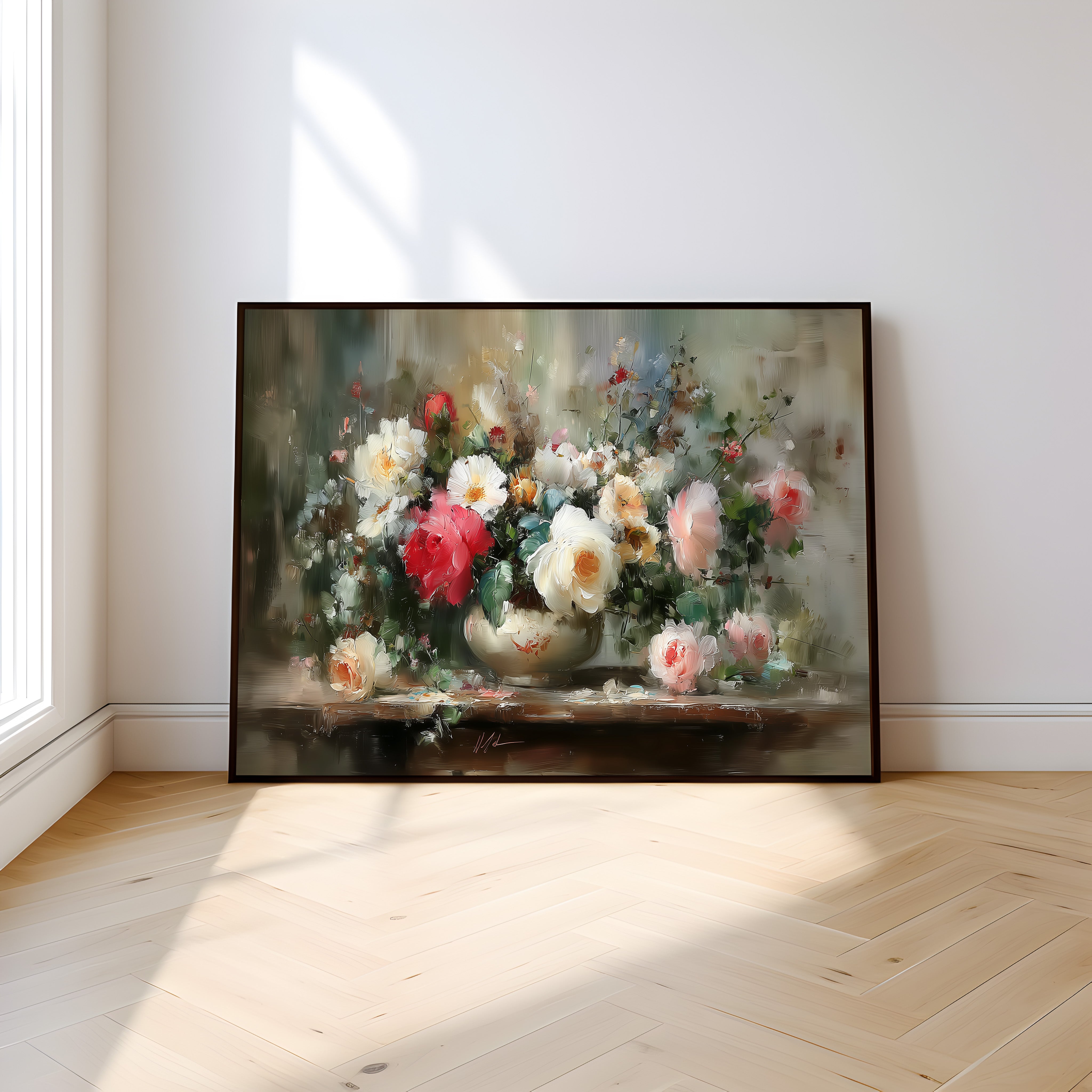 Vintage Floral Wall Art – Heirloom Roses & Peonies Oil Painting | Rustic Farmhouse Decor